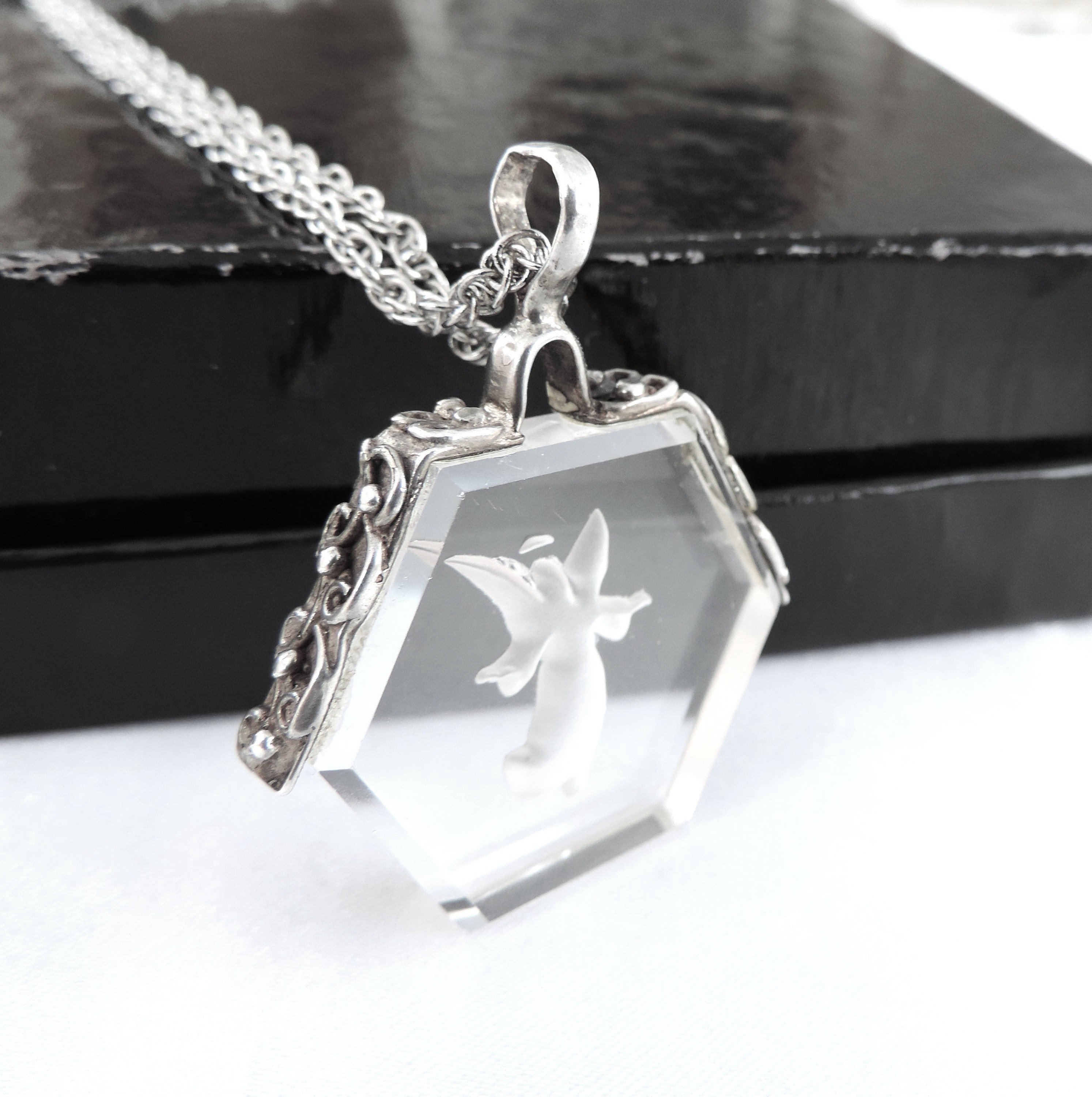 Antique 925 Silver Rock Crystal Carved Angel Intaglio Necklace