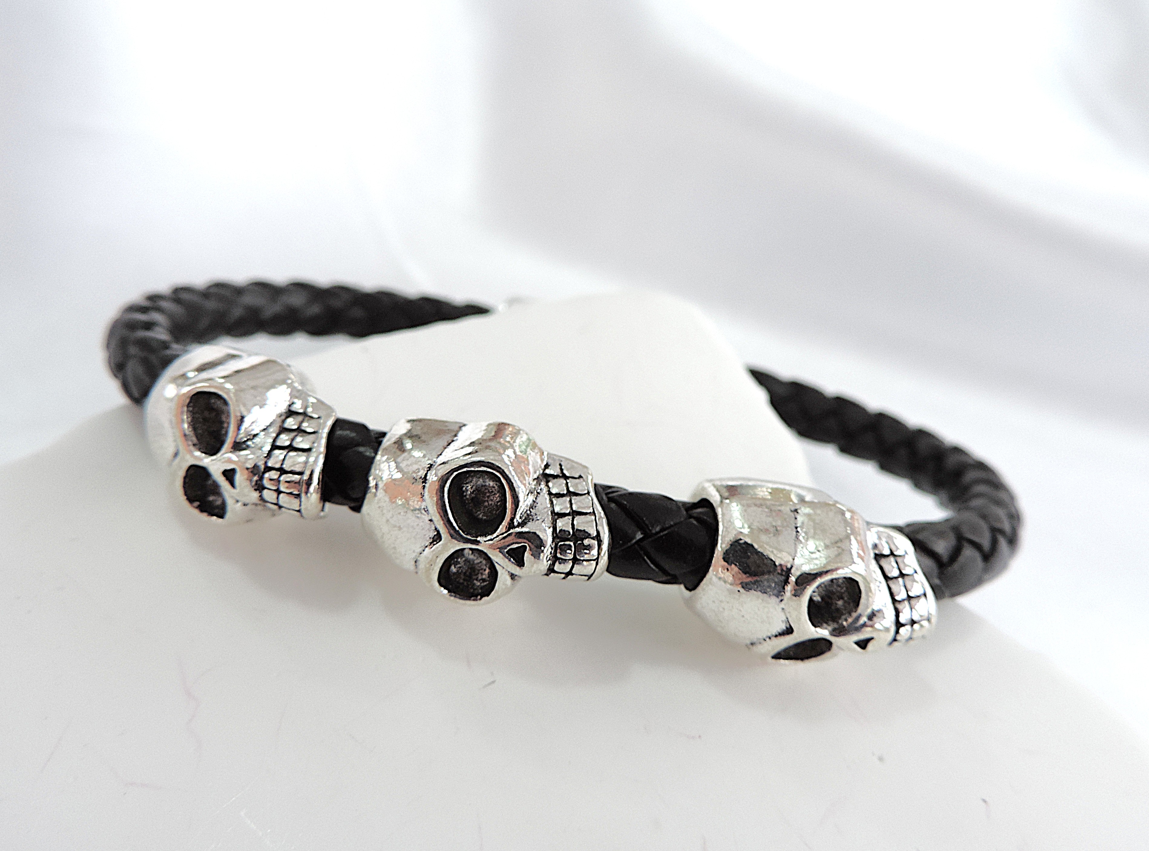 Men's Braided Leather Stainless Steel Skull Head Bracelet