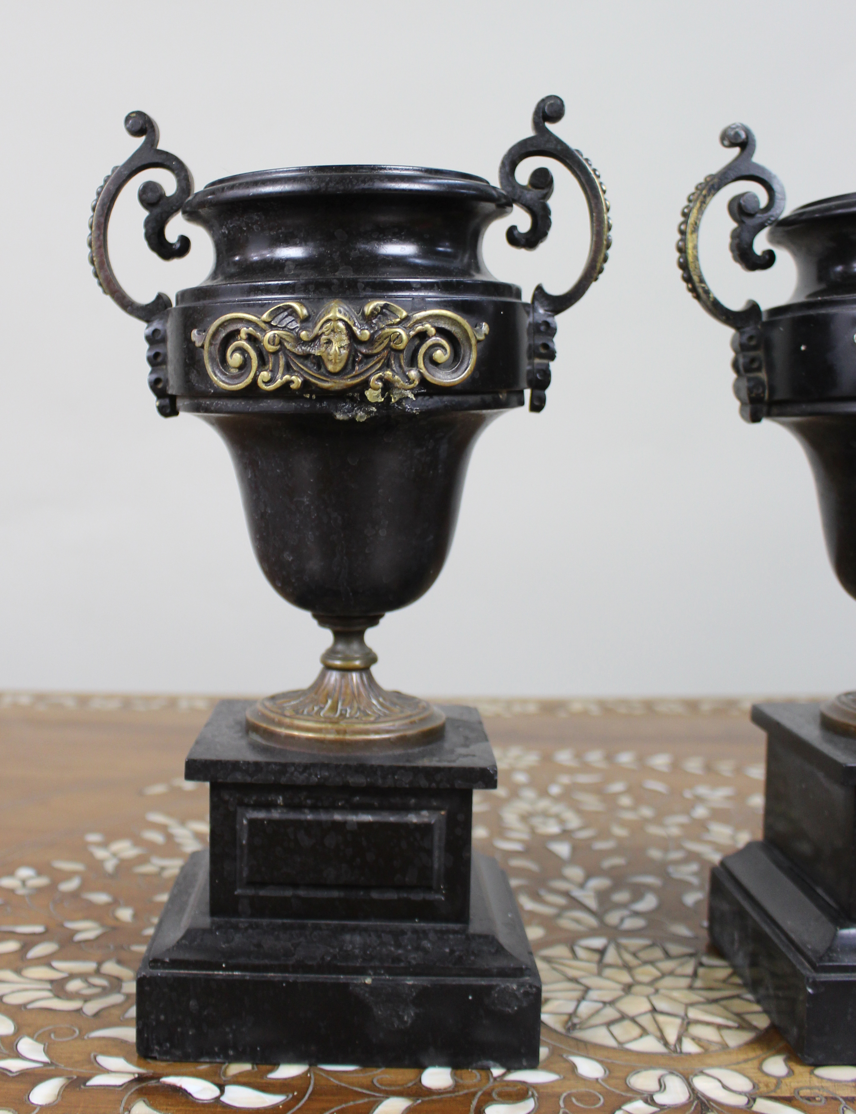Pair of French Bronze and Marble Urns