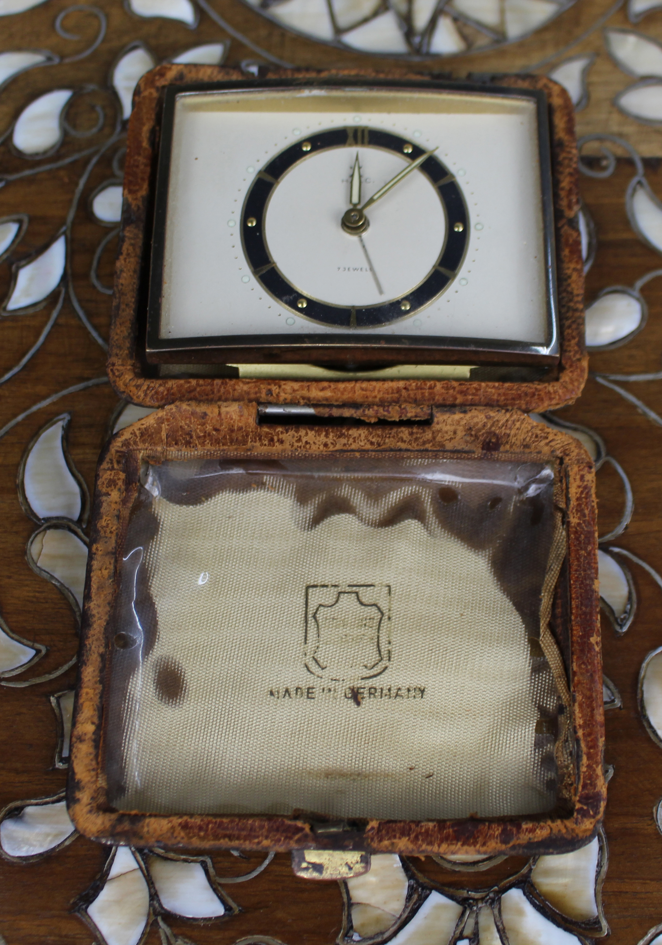 Mid 20th c. West German Folding Travel Alarm Clock, 7 Jewels