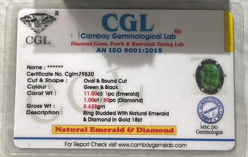 Beautiful Natural Emerald 11ct With Natural Black Diamonds & 18k Gold