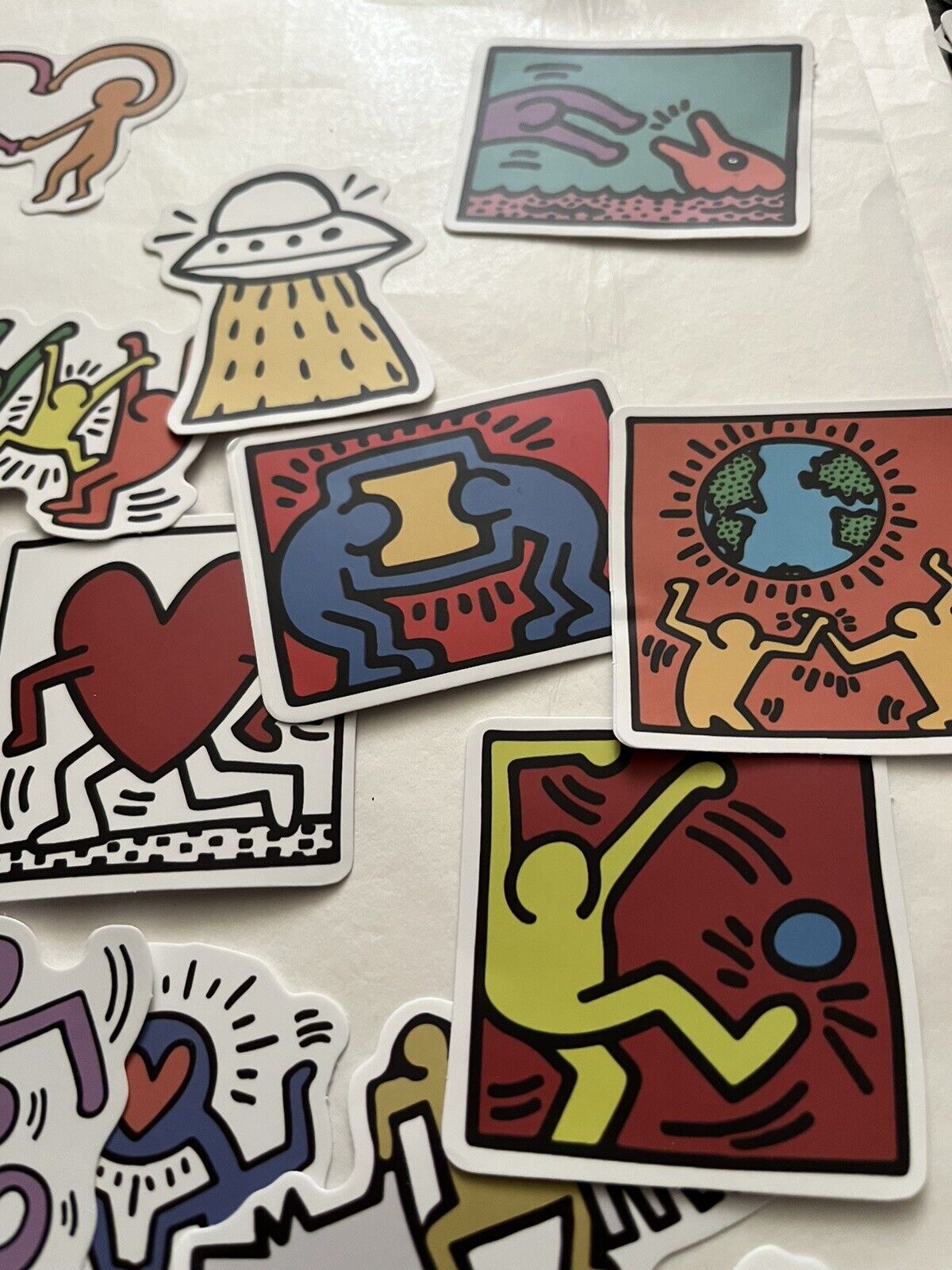 Keith Haring (1958-1990) 25 Piece Sticker Set, AV Size 5 x 5 cm Inc Family Hug, Disco Dino, 2020