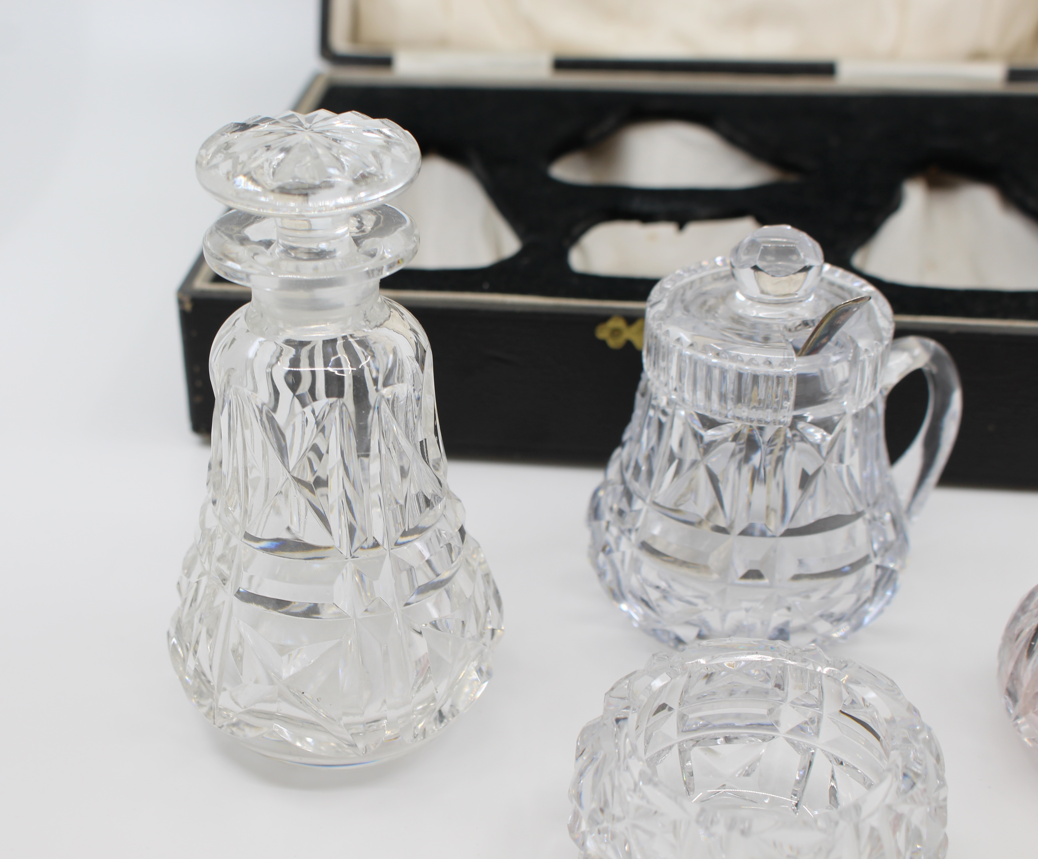 Cased John Walsh Crystal & Silver Cruet Set 1925
