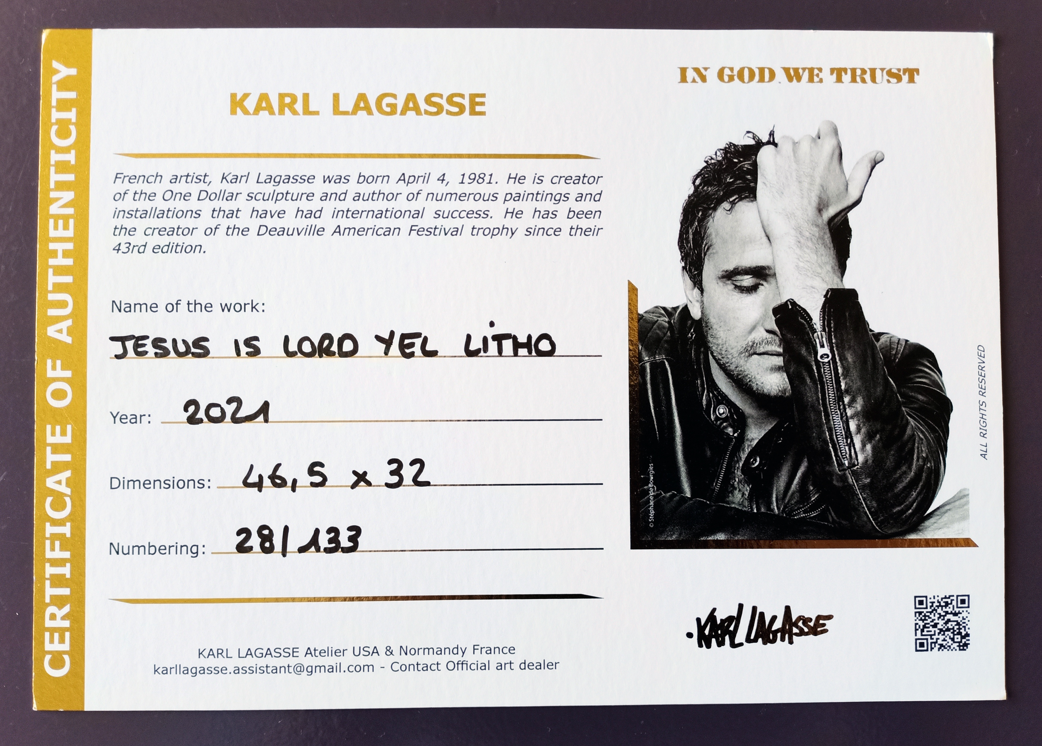 Karl Lagasse "Jesus Is Lord" LE 28/133 Signed w/COA (#0423)