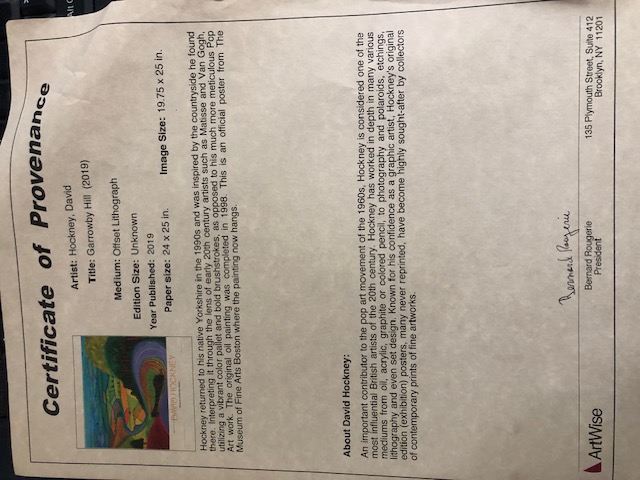 David Hockney 'Garrowby Hill' (2019) Certificate of Provenenace