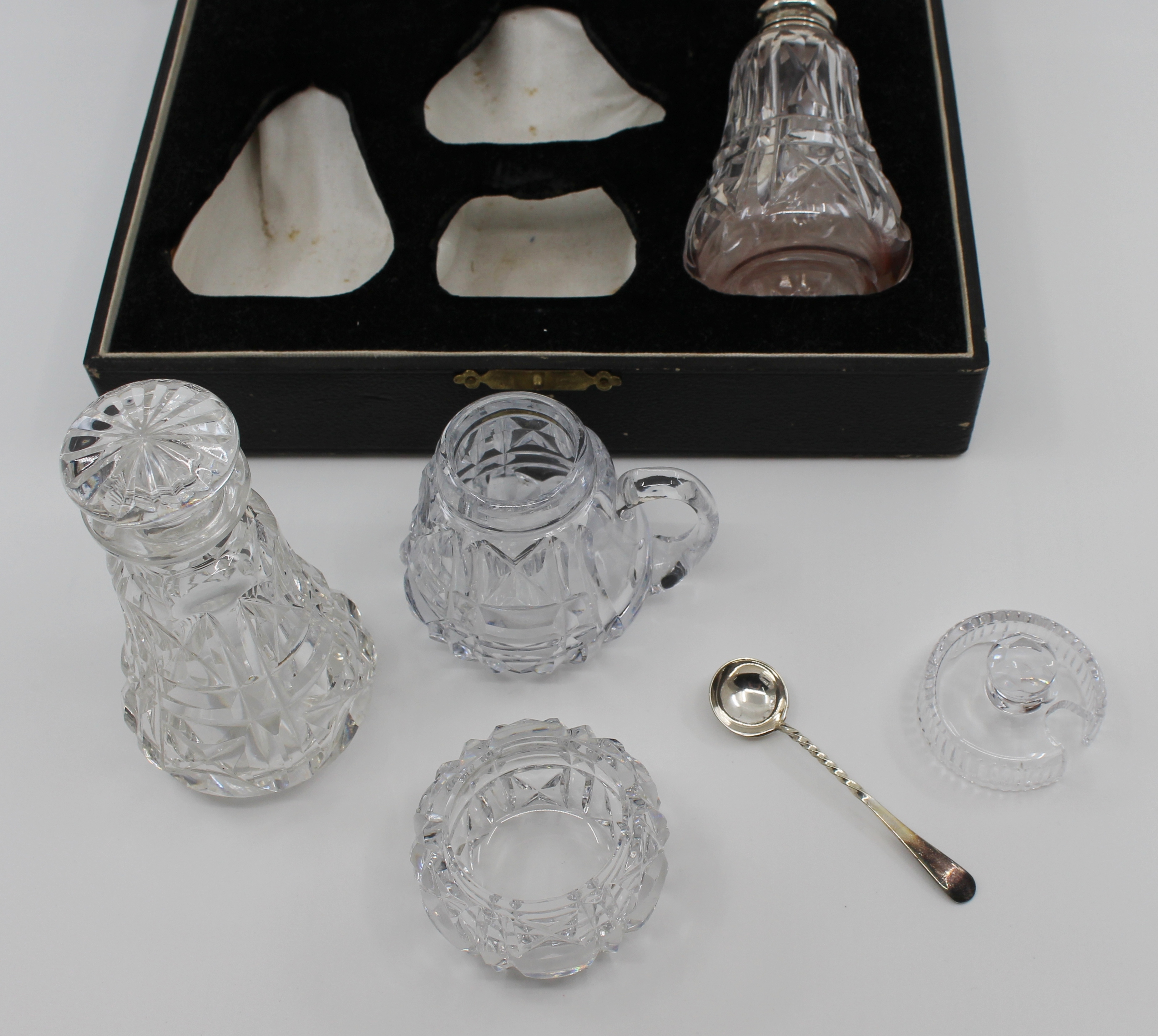 Cased John Walsh Crystal & Silver Cruet Set 1925