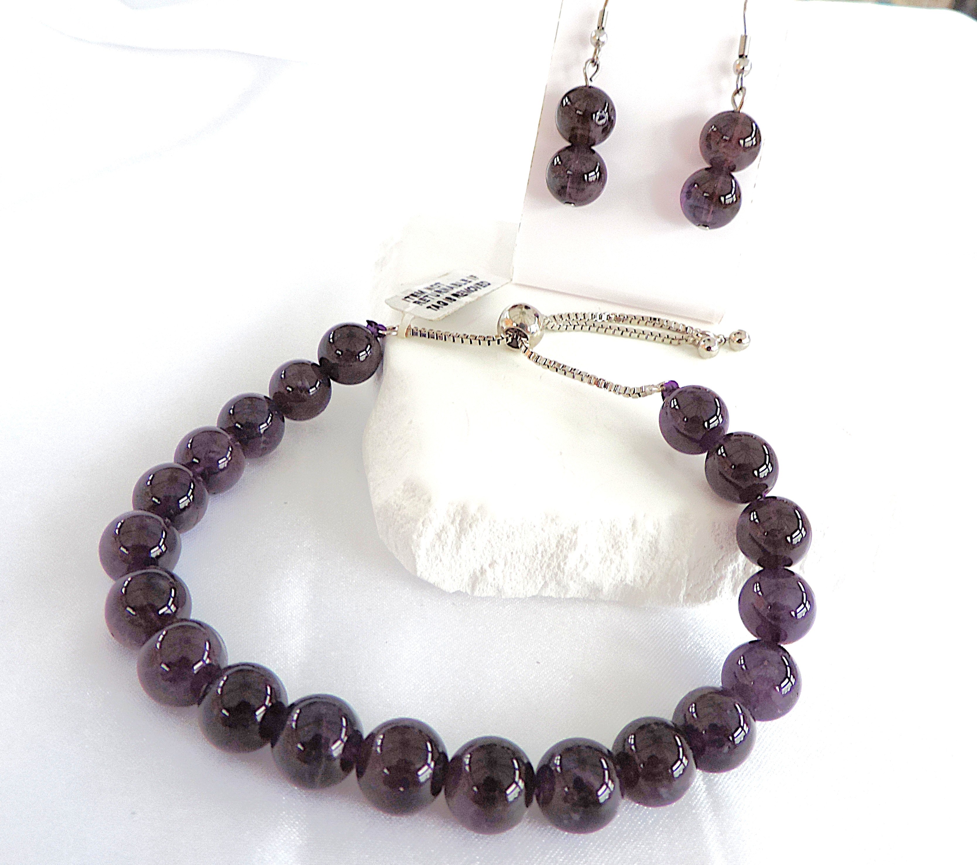 925 Silver Polished Amethyst Slider Bracelet & Earrings  'New'