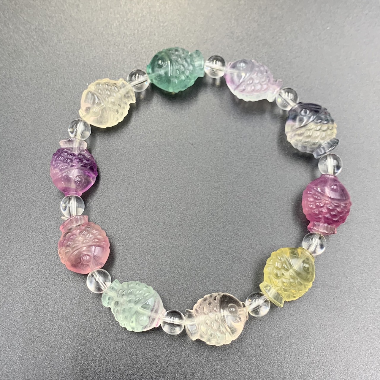 OTR-54, Awesome Natural Multi Colour Carved Fluorite Fish Beads Bracelet