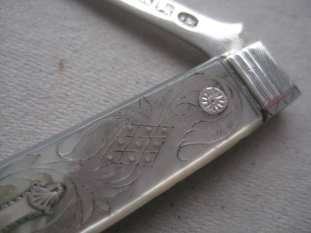 Victorian Matching Mother of Pearl Hafted Silver Bladed Folding Fruit Knife and Folding Fork