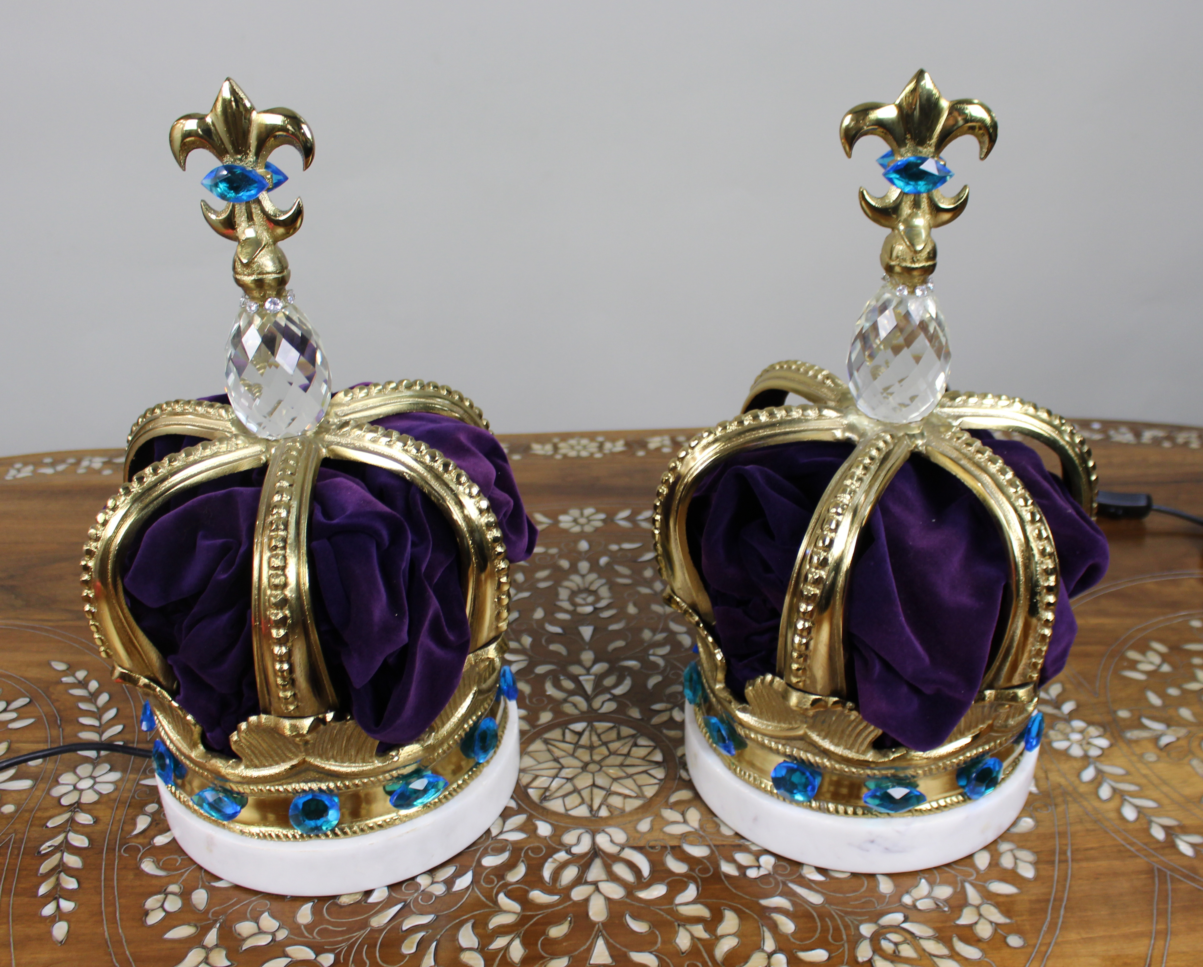 Pair of Decorative Crown Coronet Lamps with Marble Bases