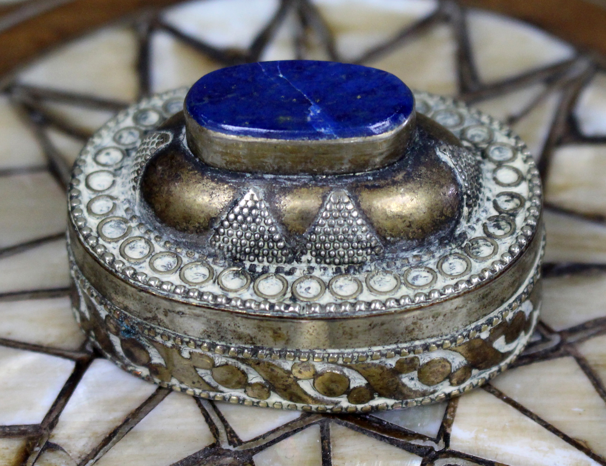 Antique Lapis Islamic Metal Kohl Snuff Box