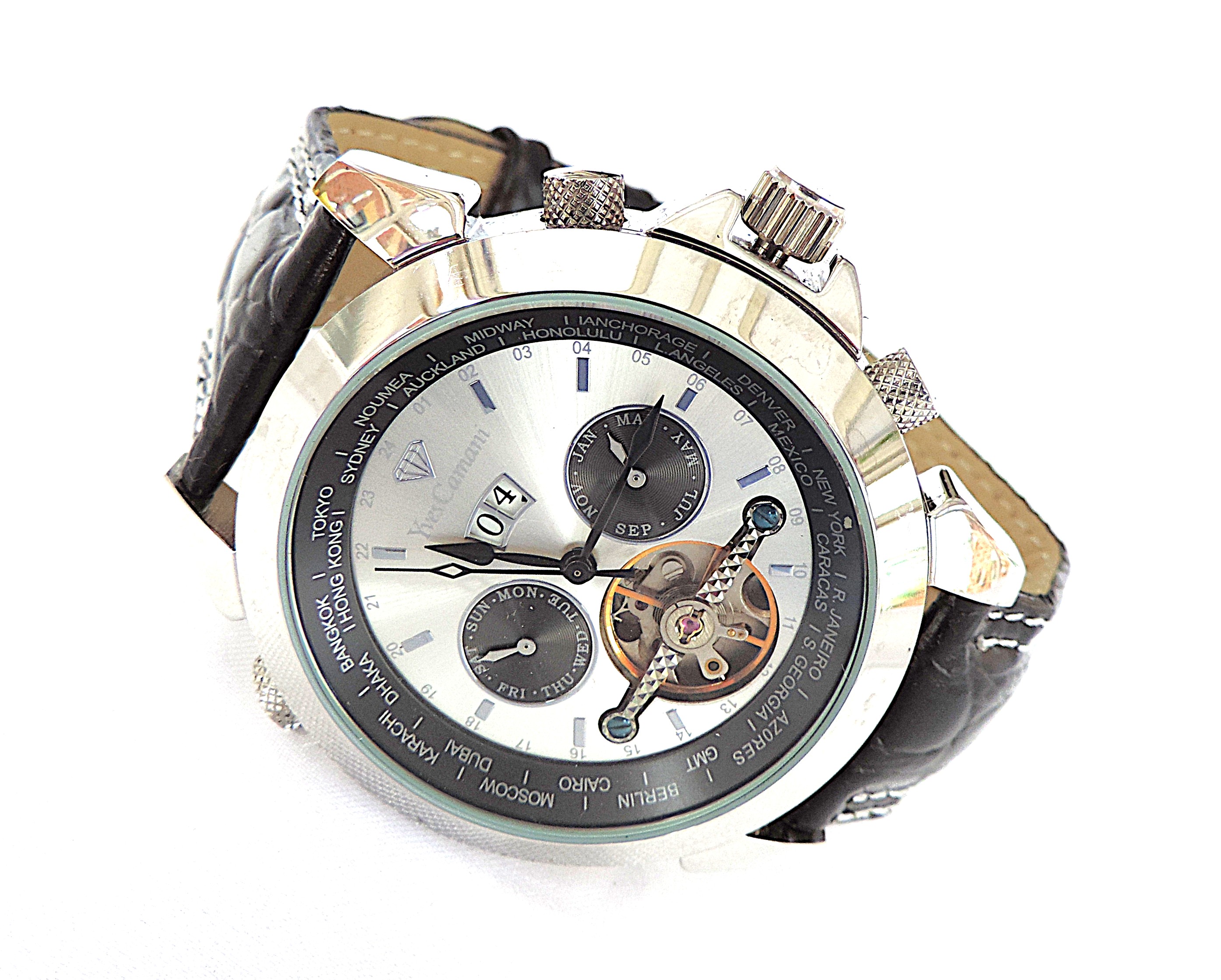 Yves Camani Automatic Watch YC1029-G World Timer Black Leather Strap 'NEW'