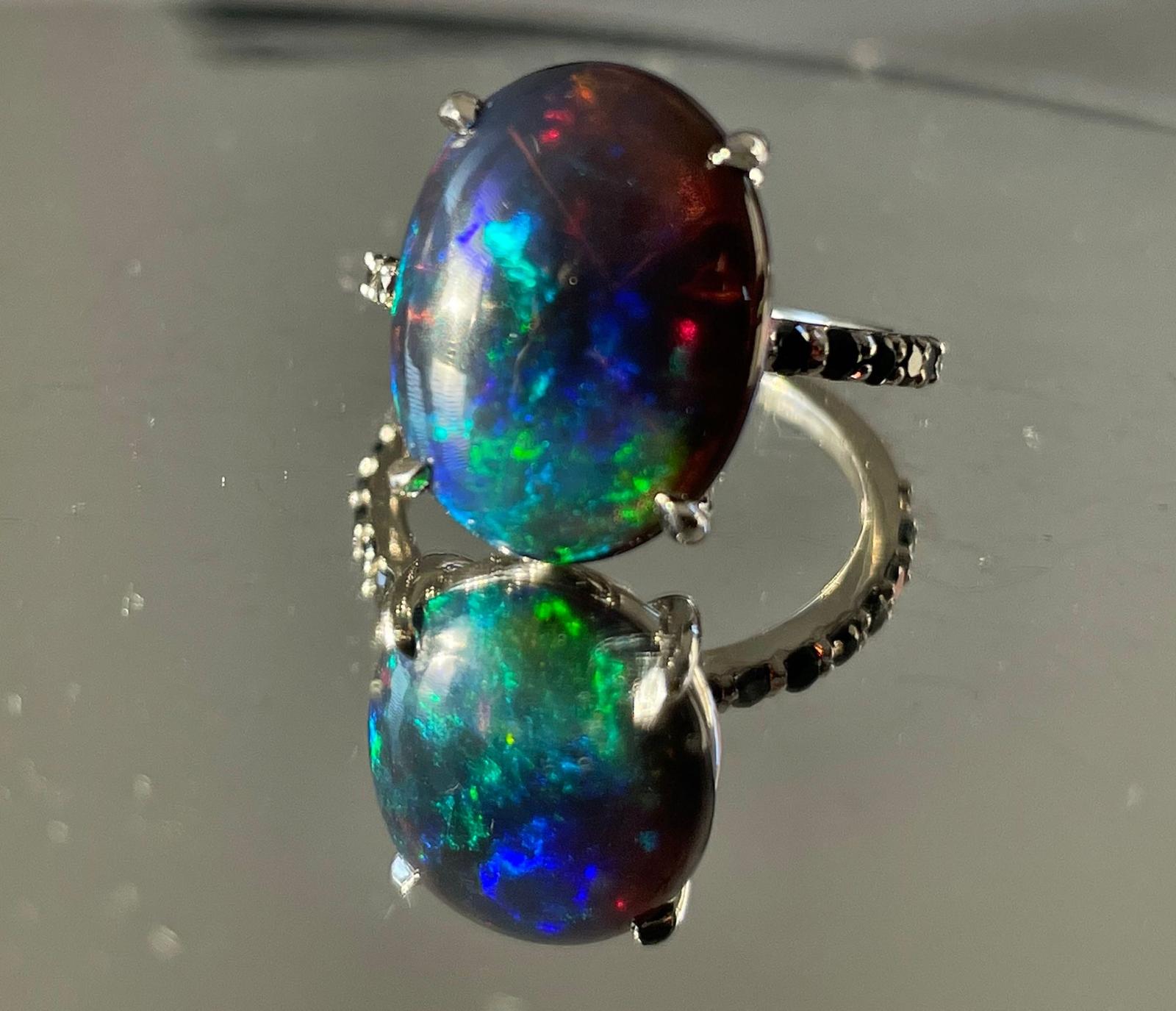 Beautiful 5.22 CT Natural Black Opal Ring With Natural Black Diamond & 18k Gold