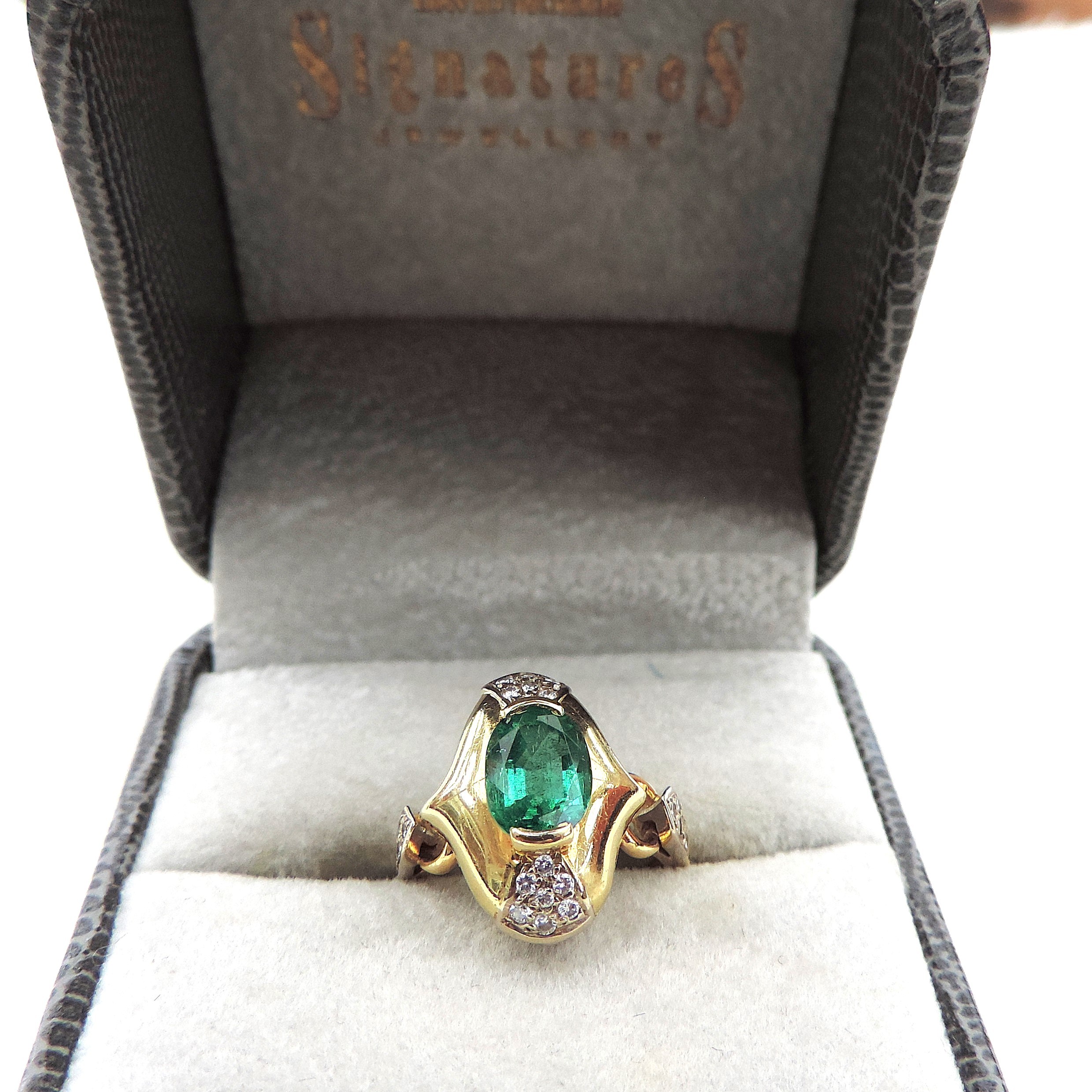David Morris 18k Gold 1.24 Carat Emerald and Diamond Ring