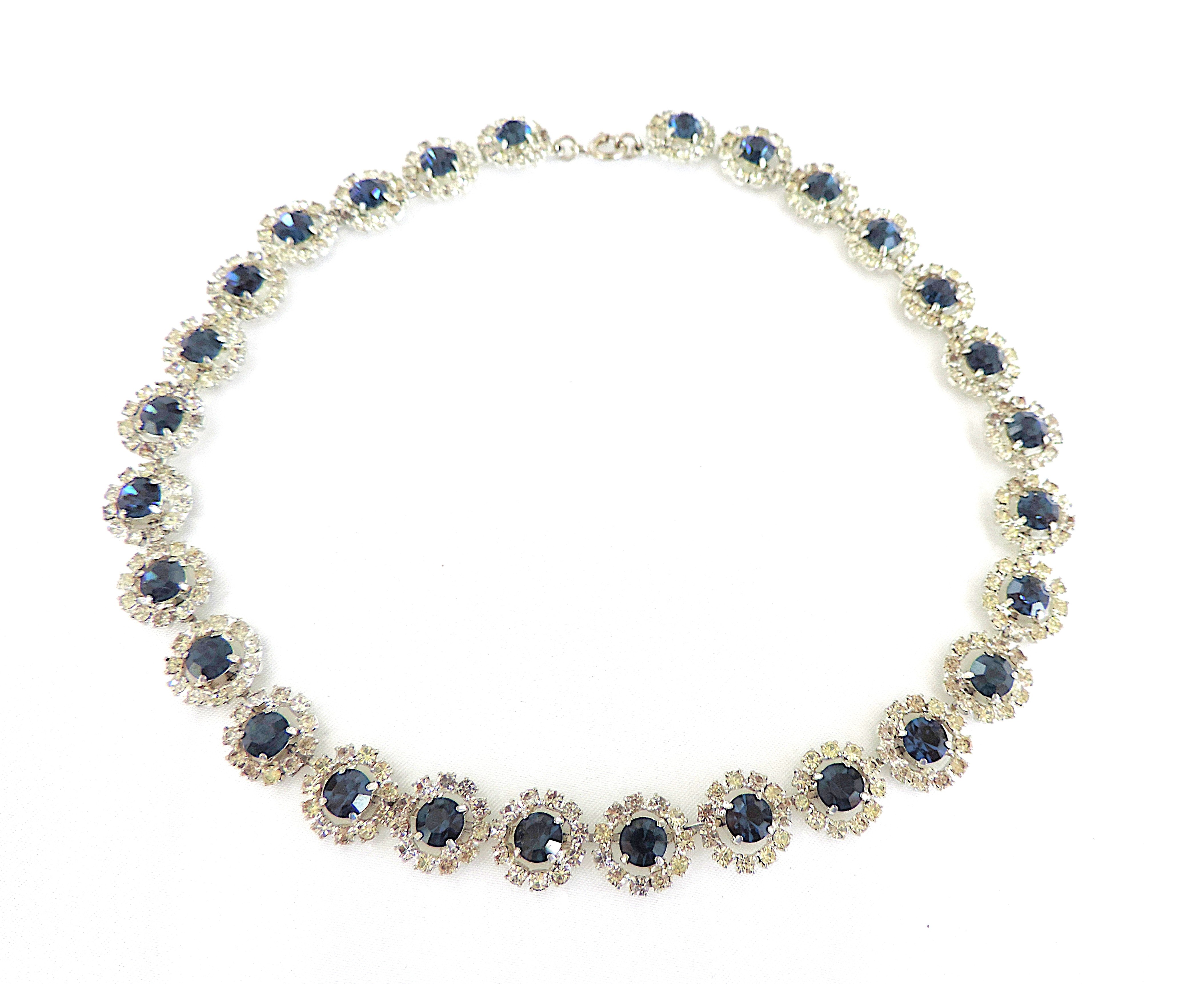 Vintage 1930's Sapphire Blue & White Rhinestone Crystal Necklace