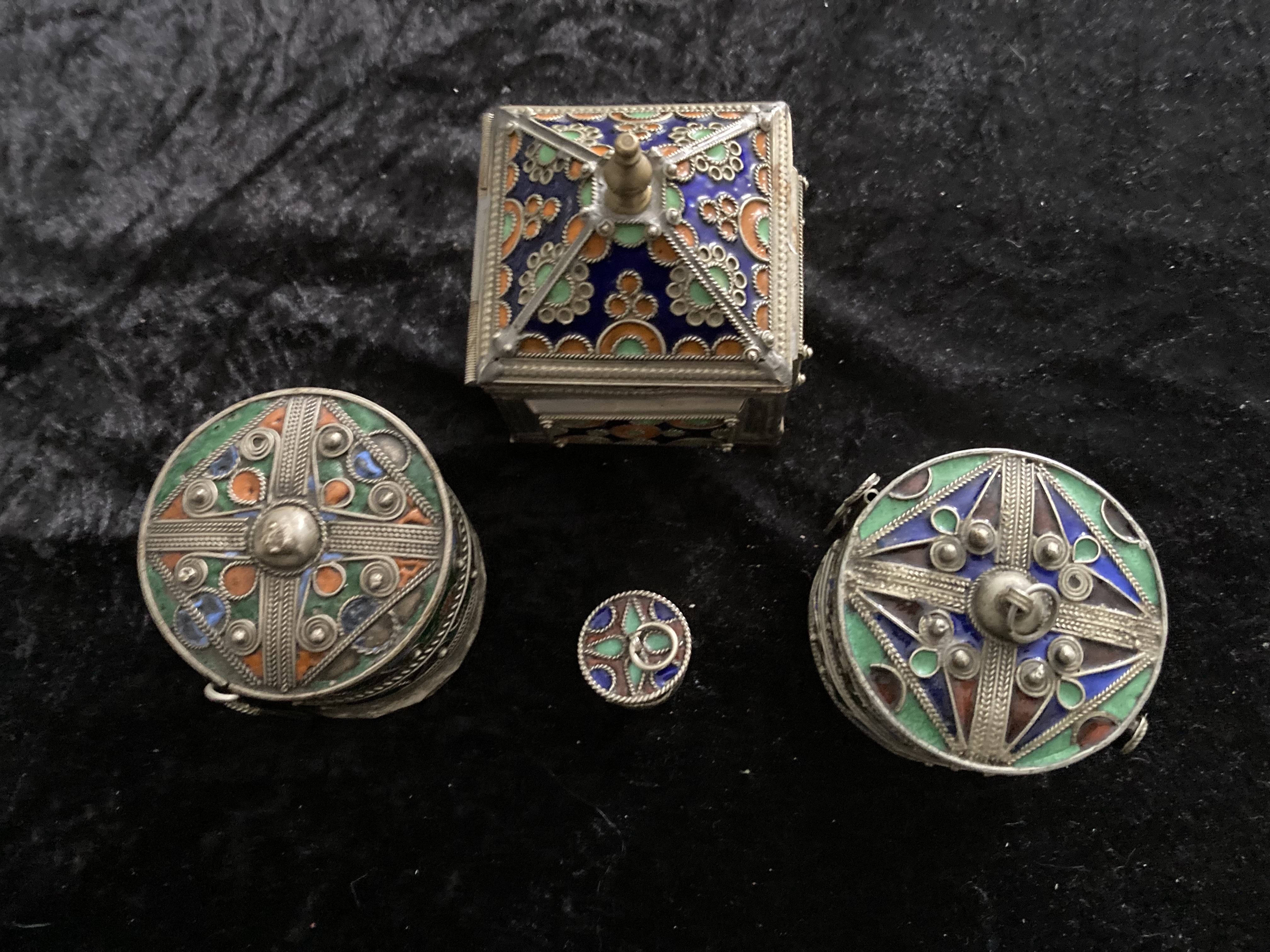4 Vintage Cloisonne White Metal and Enamel Boxes With Lids