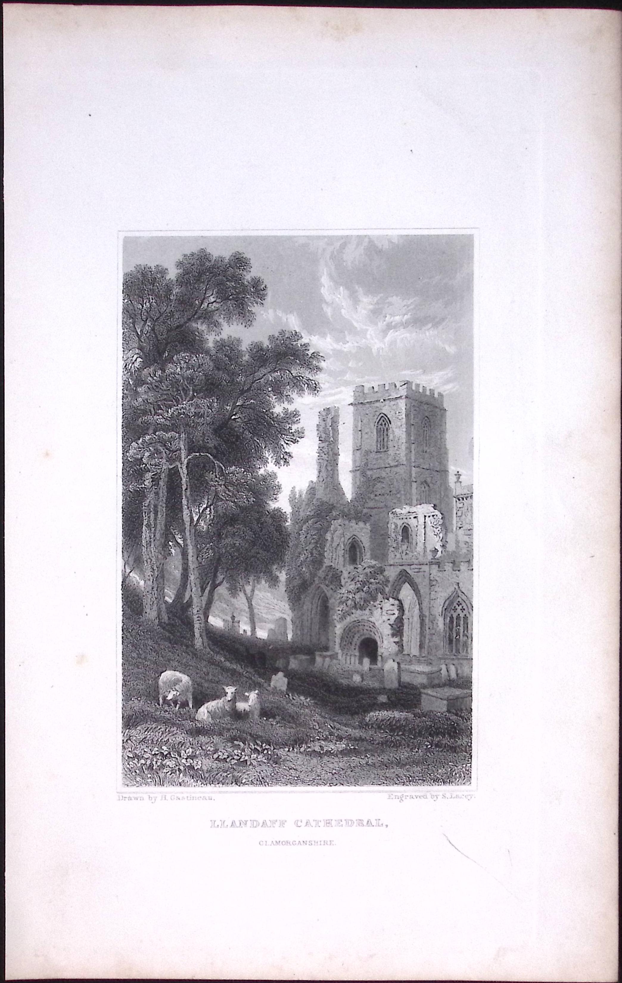 Wales-Llandaff Cathedral Antique 166-Year-Old Steel Engraving-12