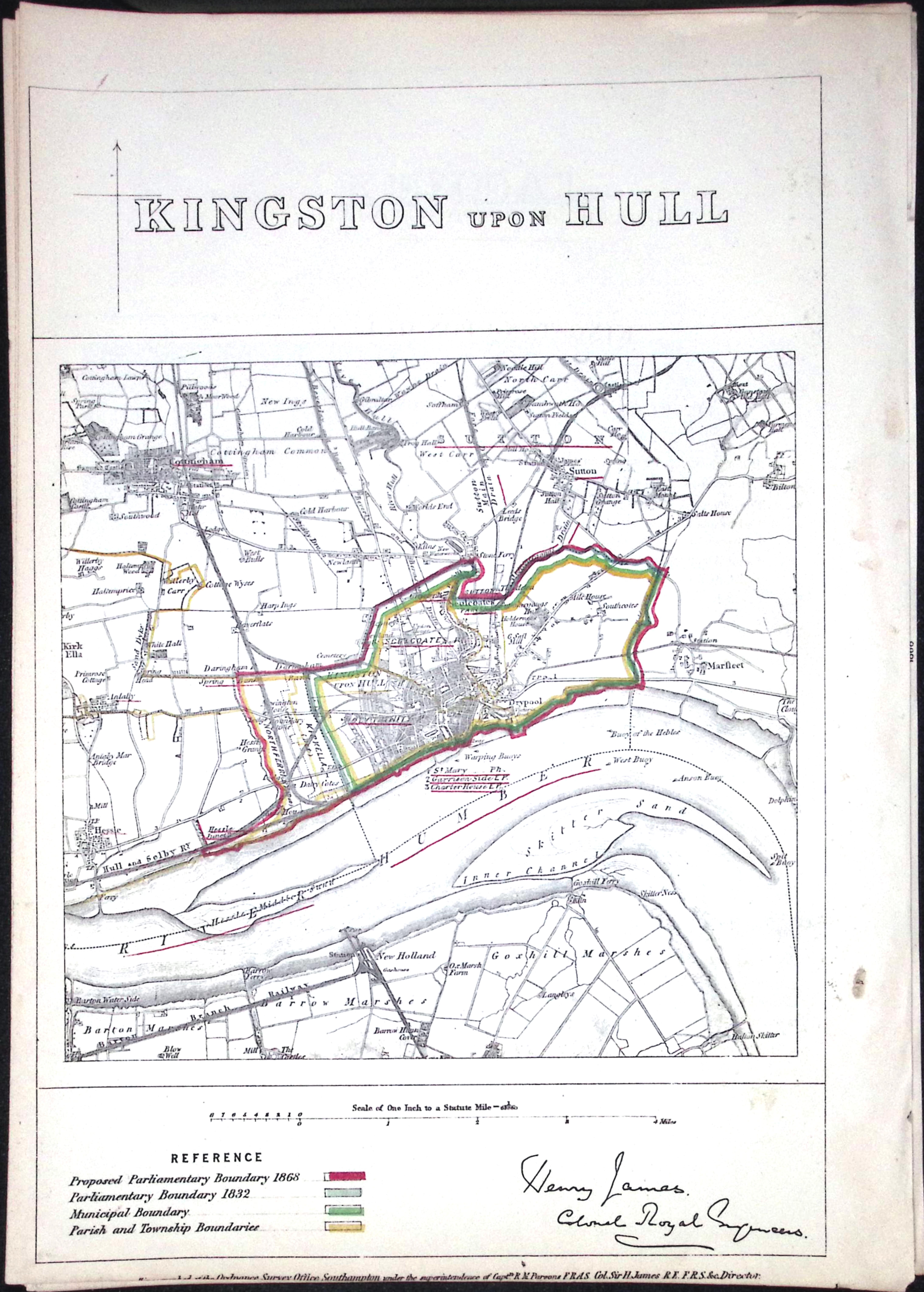 Kingston Upon Hull Boundary Commission 157-Year-Old Coloured Antique Map.