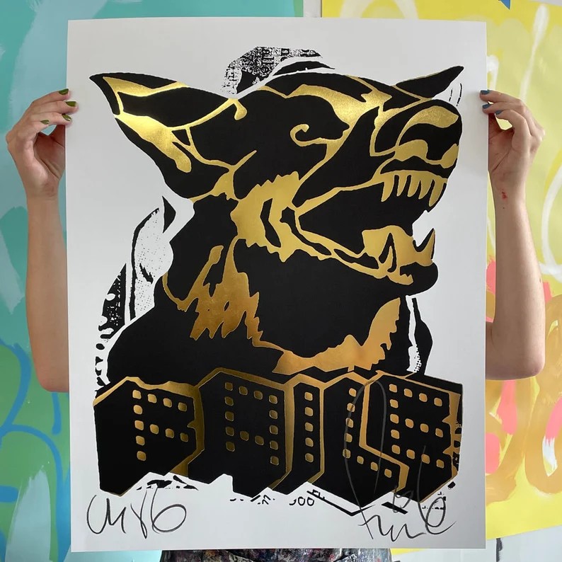 Faile (b 1975 & 76) Alsatian ‘Black/Gold’ Embossed Screen Print On Paper Signed, Limited Edition 23