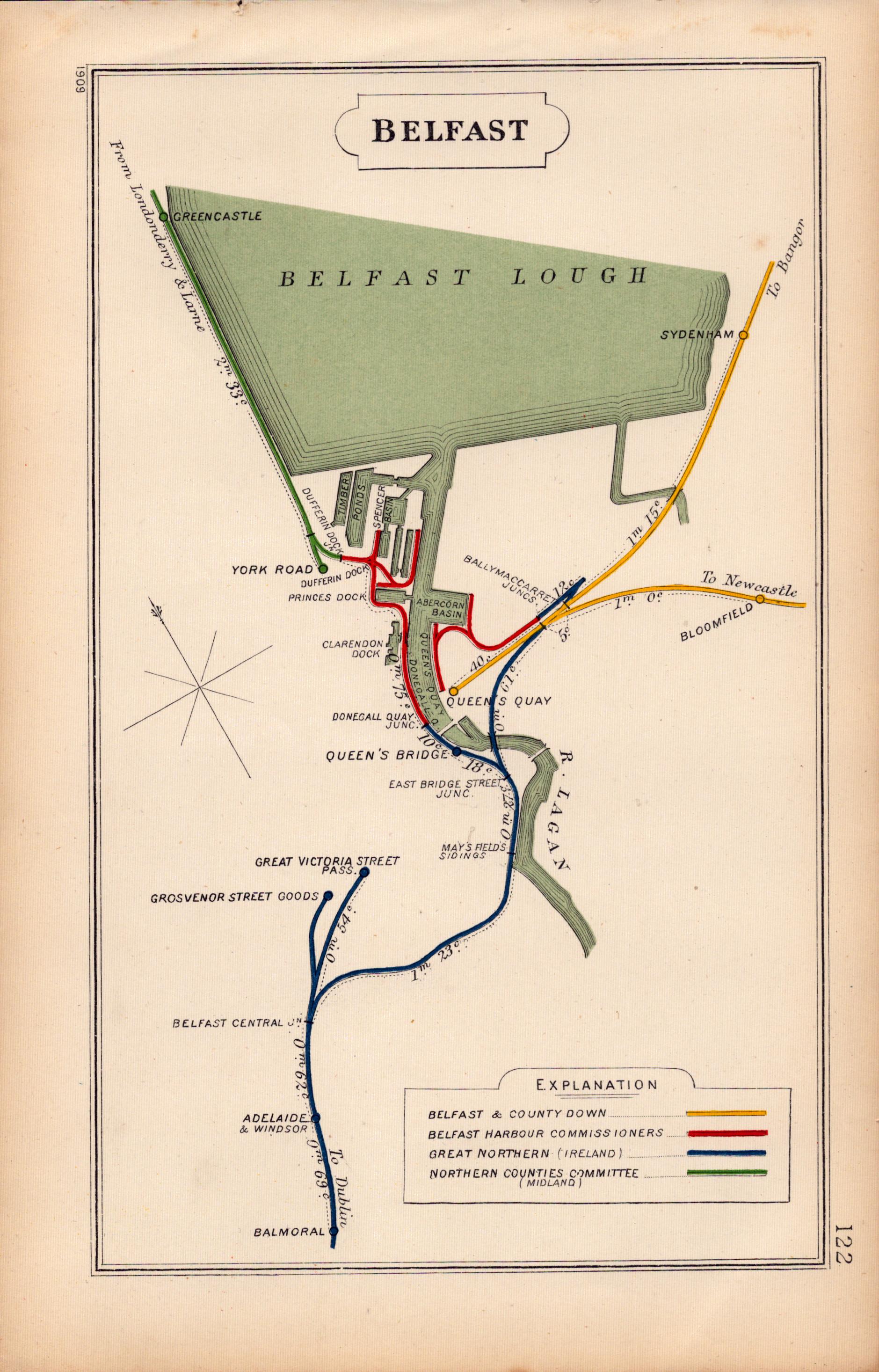 Belfast Donegal Quay Queens Bridge Ireland Antique Railway Diagram-122.