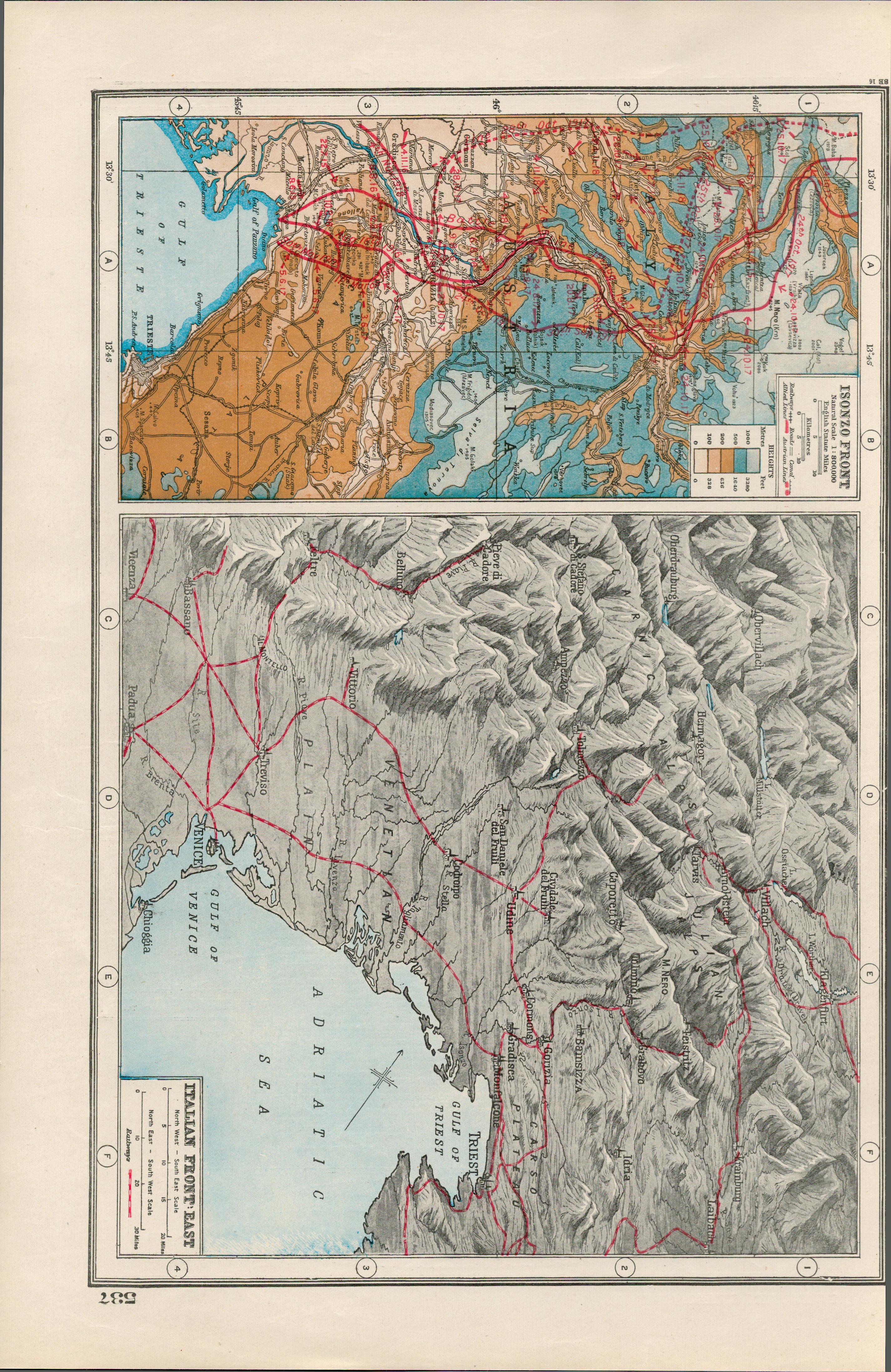 WW1 The Italian & Isonzo Front Battle Line Coloured 1922 Antique Map-537