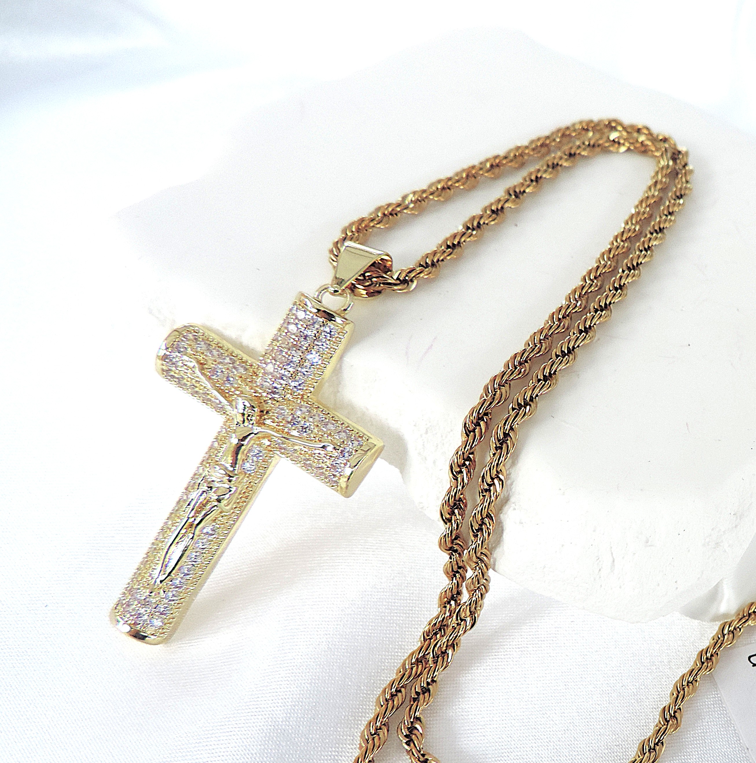 Aethon Gold Plated White Zircon Gemstone Cross on 22 inch Rope Chain