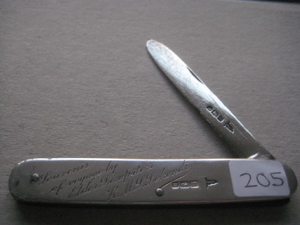 Rare Edwardian Elder Dempster Engraved All Silver Folding Fruit Knife