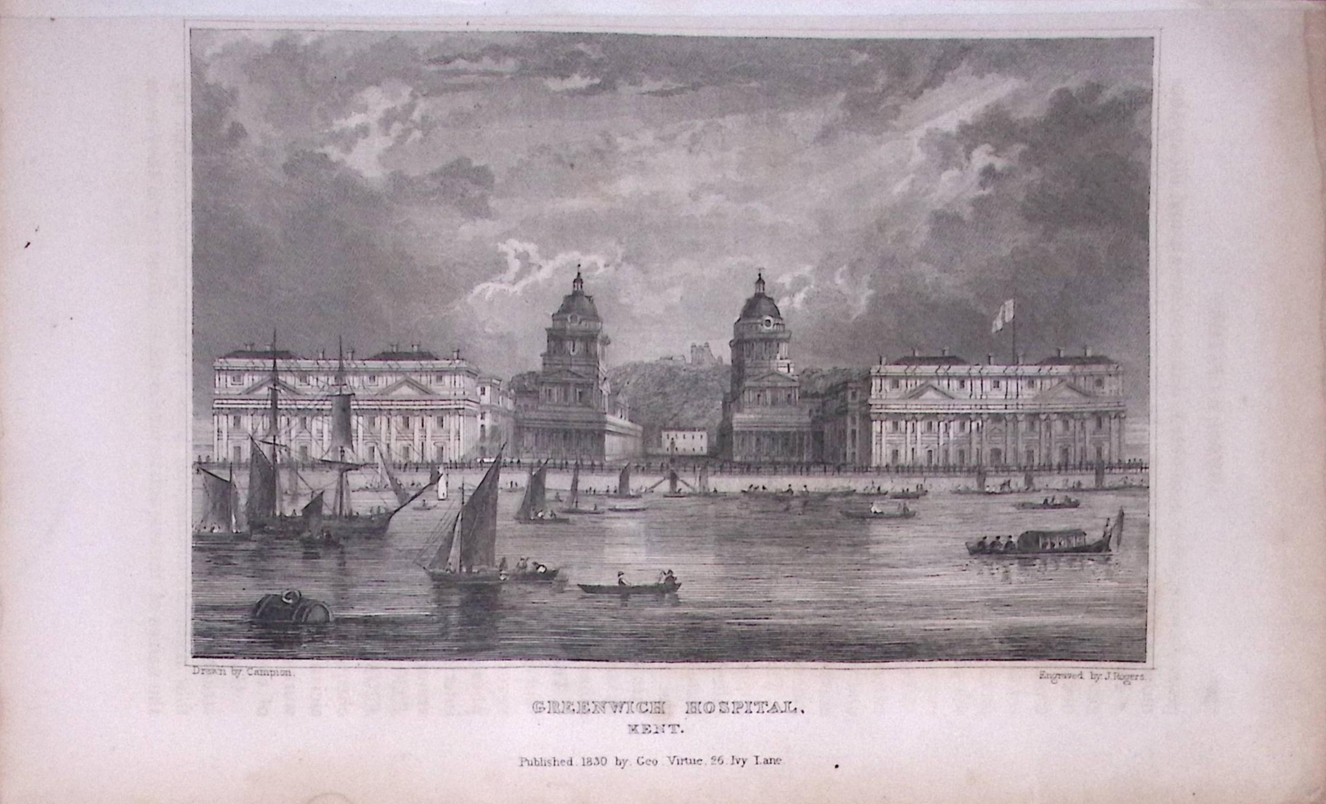 Greenwich Hospital Kent 1829 Antique 197 Years-Old Steel Engraving-34