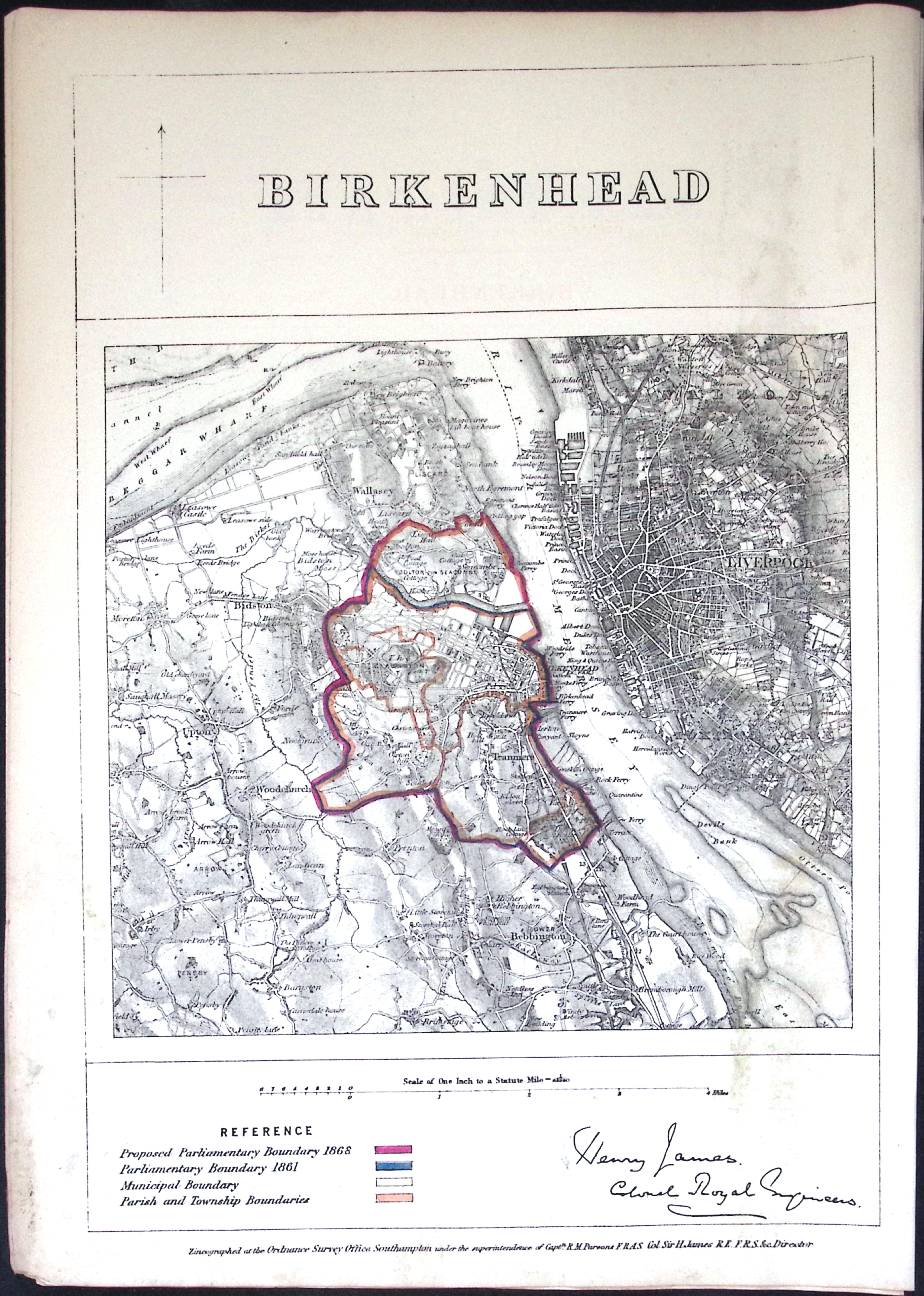 Birkenhead Merseyside Boundary Commission 157-Year-Old Coloured Antique Map.