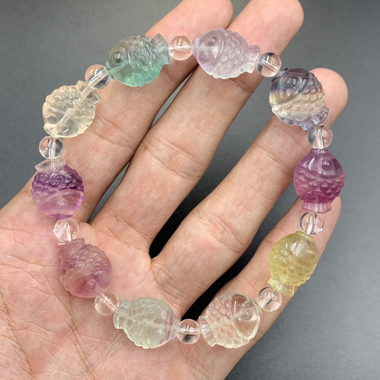 OTR-54, Awesome Natural Multi Colour Carved Fluorite Fish Beads Bracelet