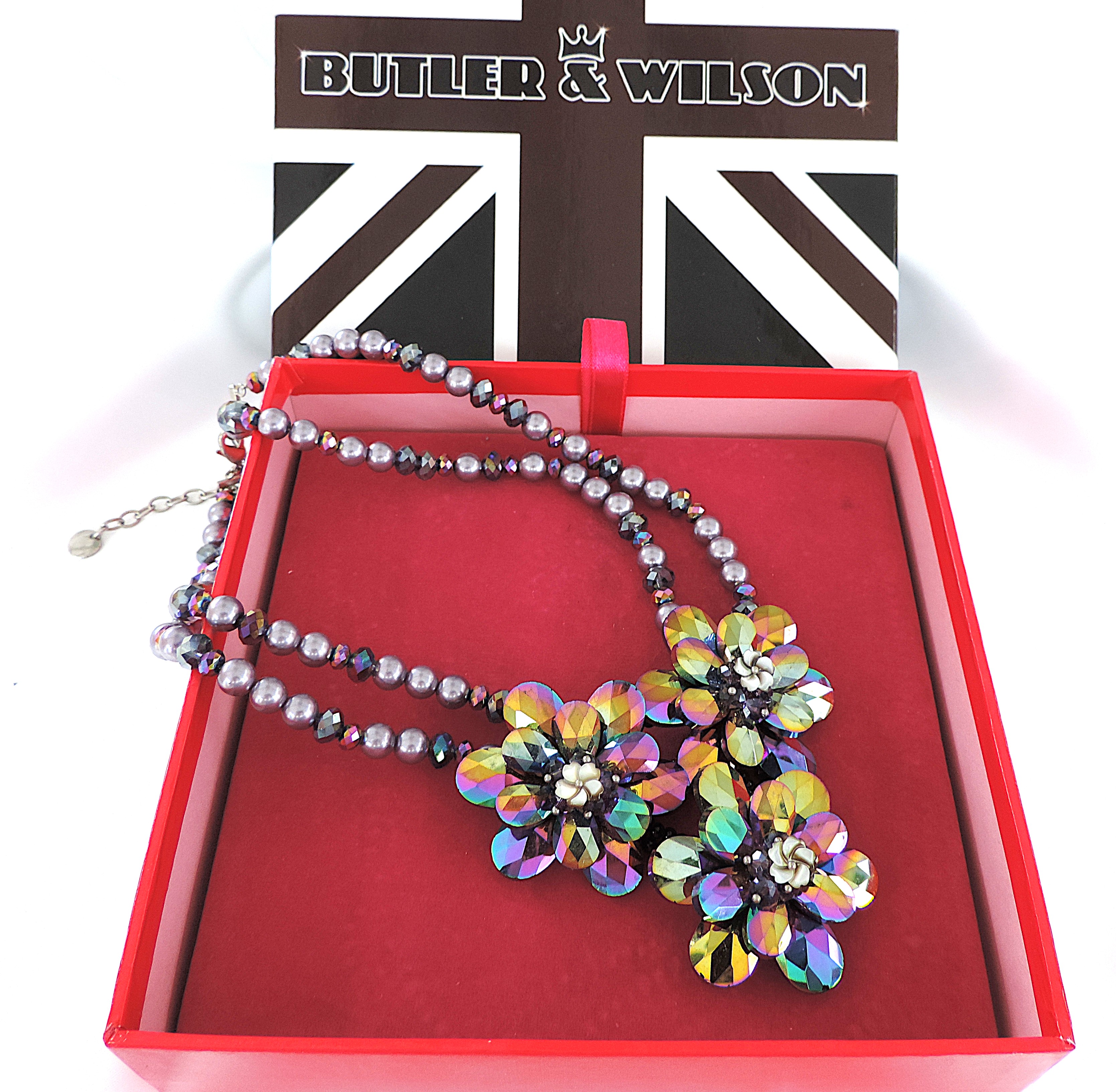 Vintage Butler and Wilson Crystal and Pearl Flower Garland Necklace in Original Box