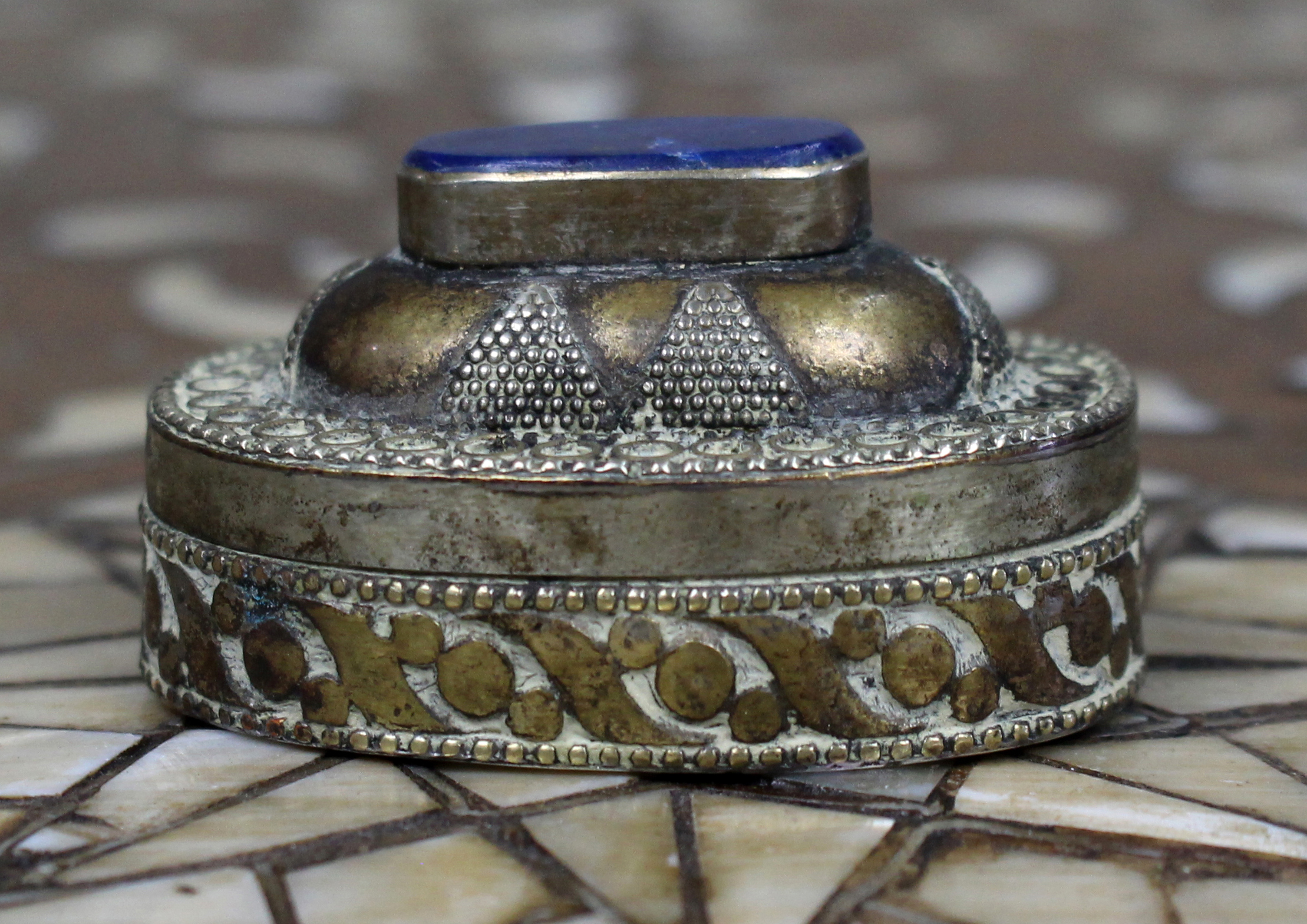 Antique Lapis Islamic Metal Kohl Snuff Box
