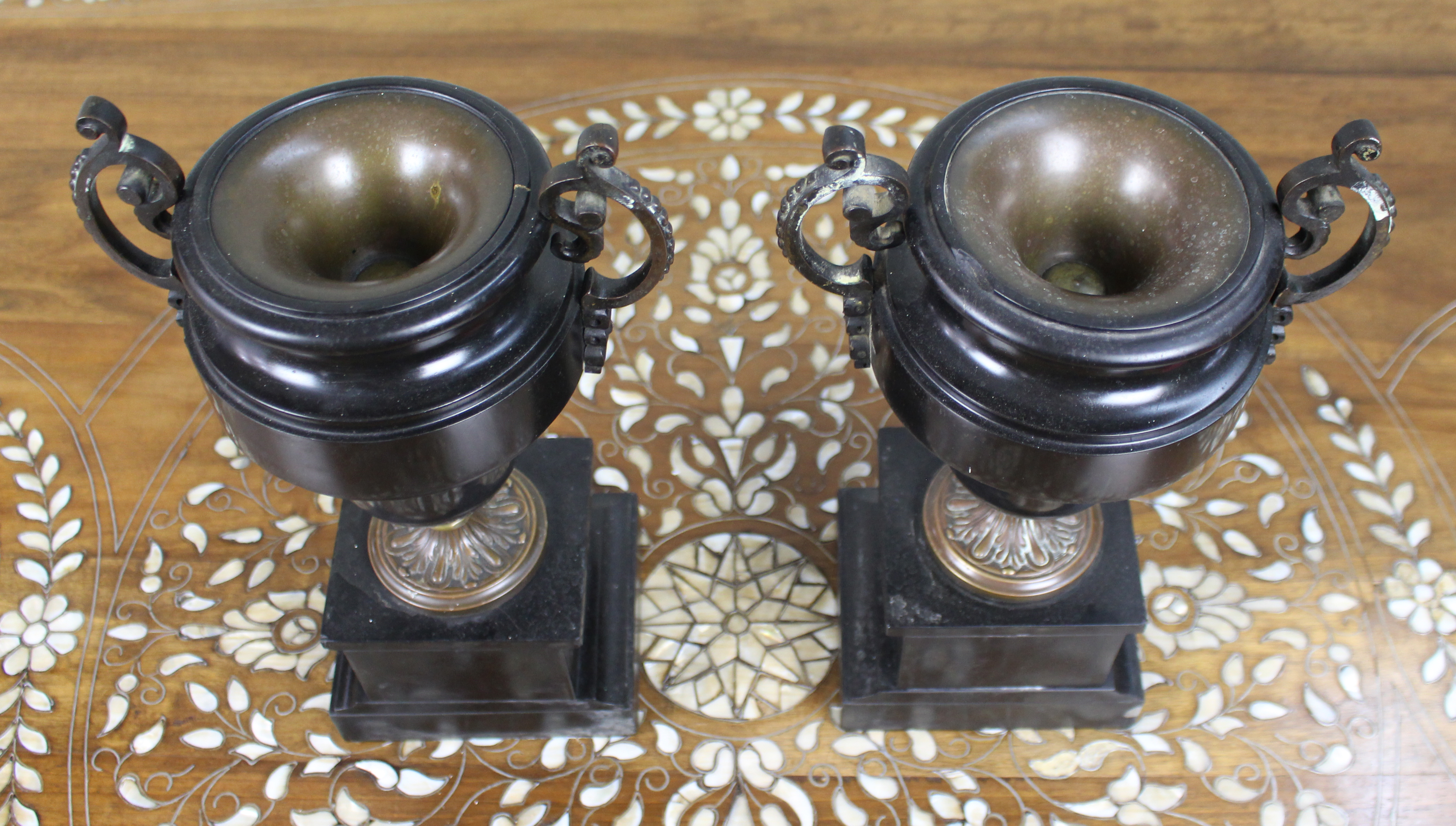 Pair of French Bronze and Marble Urns