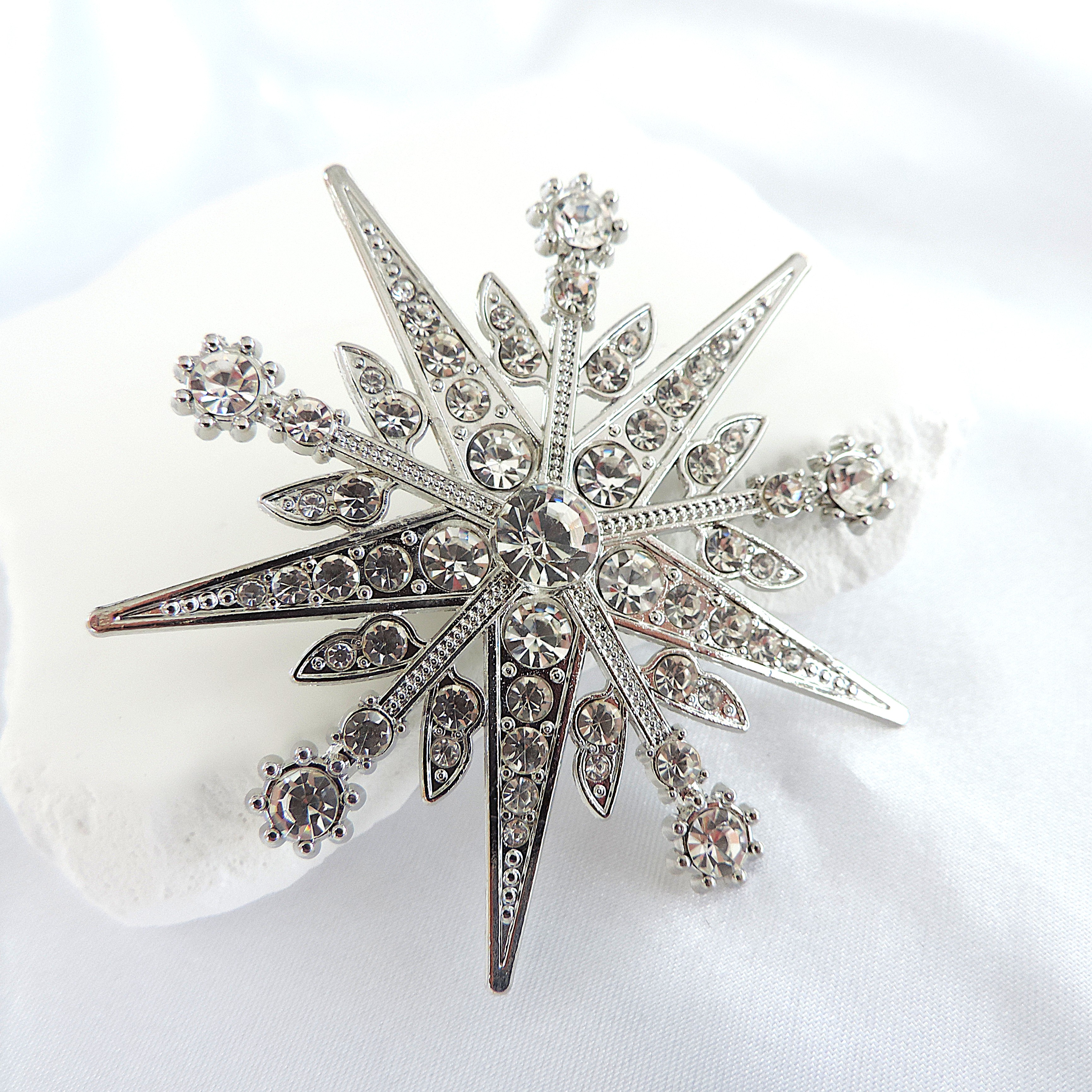 Large 7cm x7cm White Crystal Snowflake Brooch