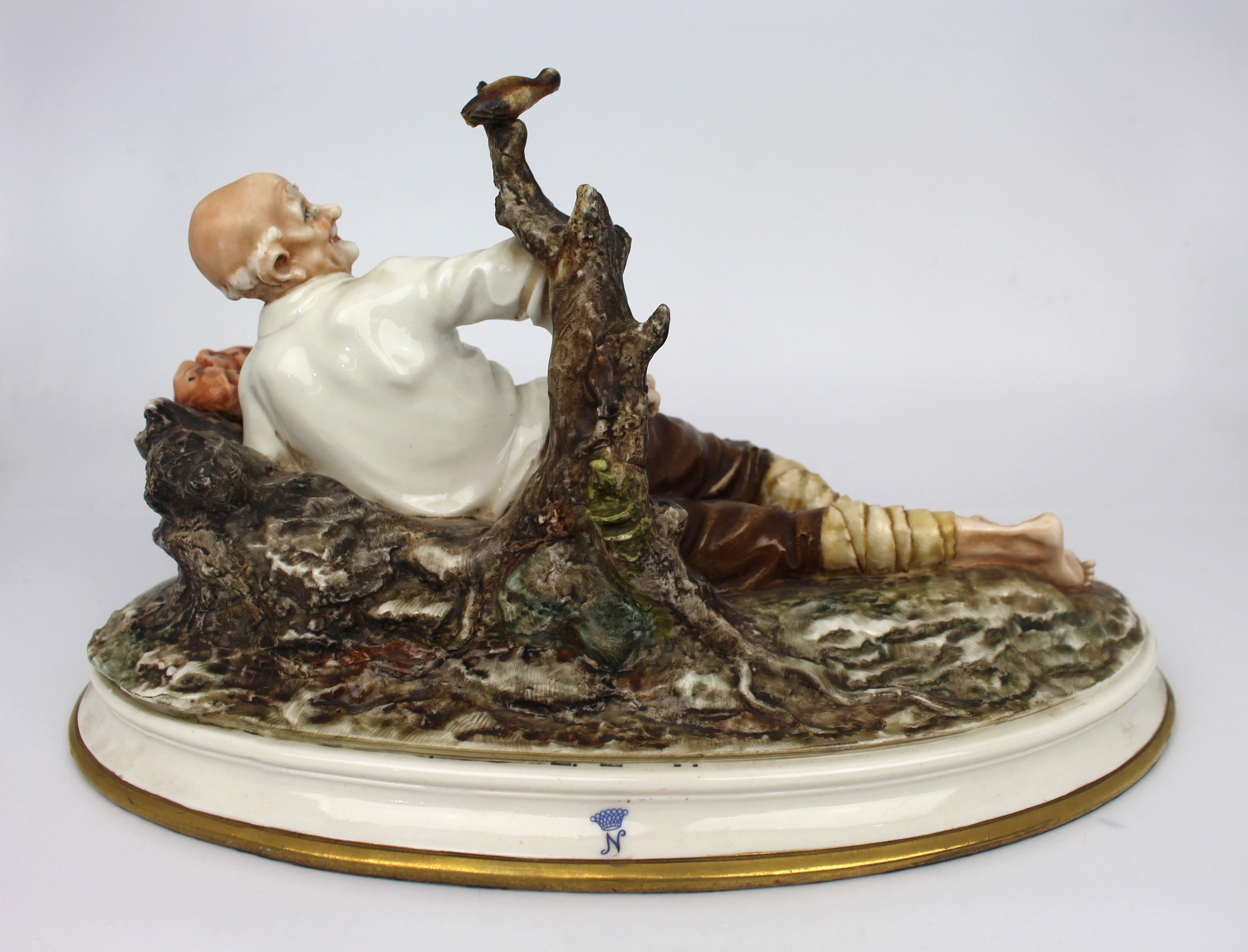 Vintage Capodimonte Sculpture Reclining Old Man & Bird