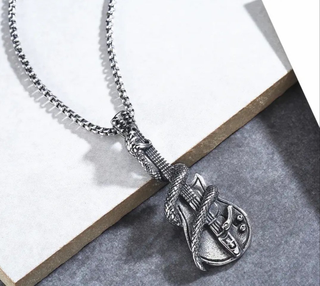 NEW! Stainless Steel Chain with Retro Style Python Guitar Alloy Pendant