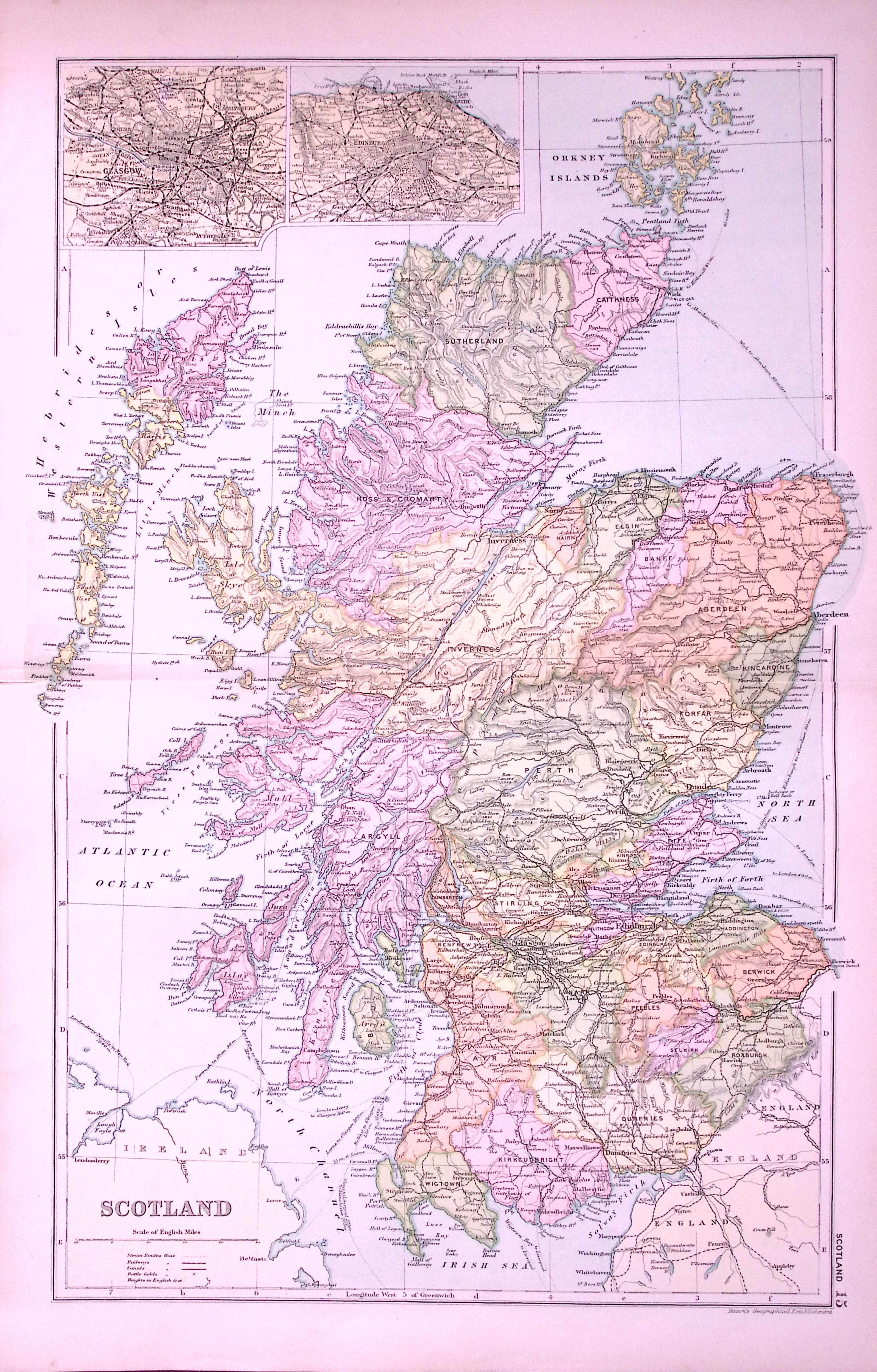 Scotland Edinburgh & Glasgow 120-Year-Old Large Antique Map by G.W. Bacon-15