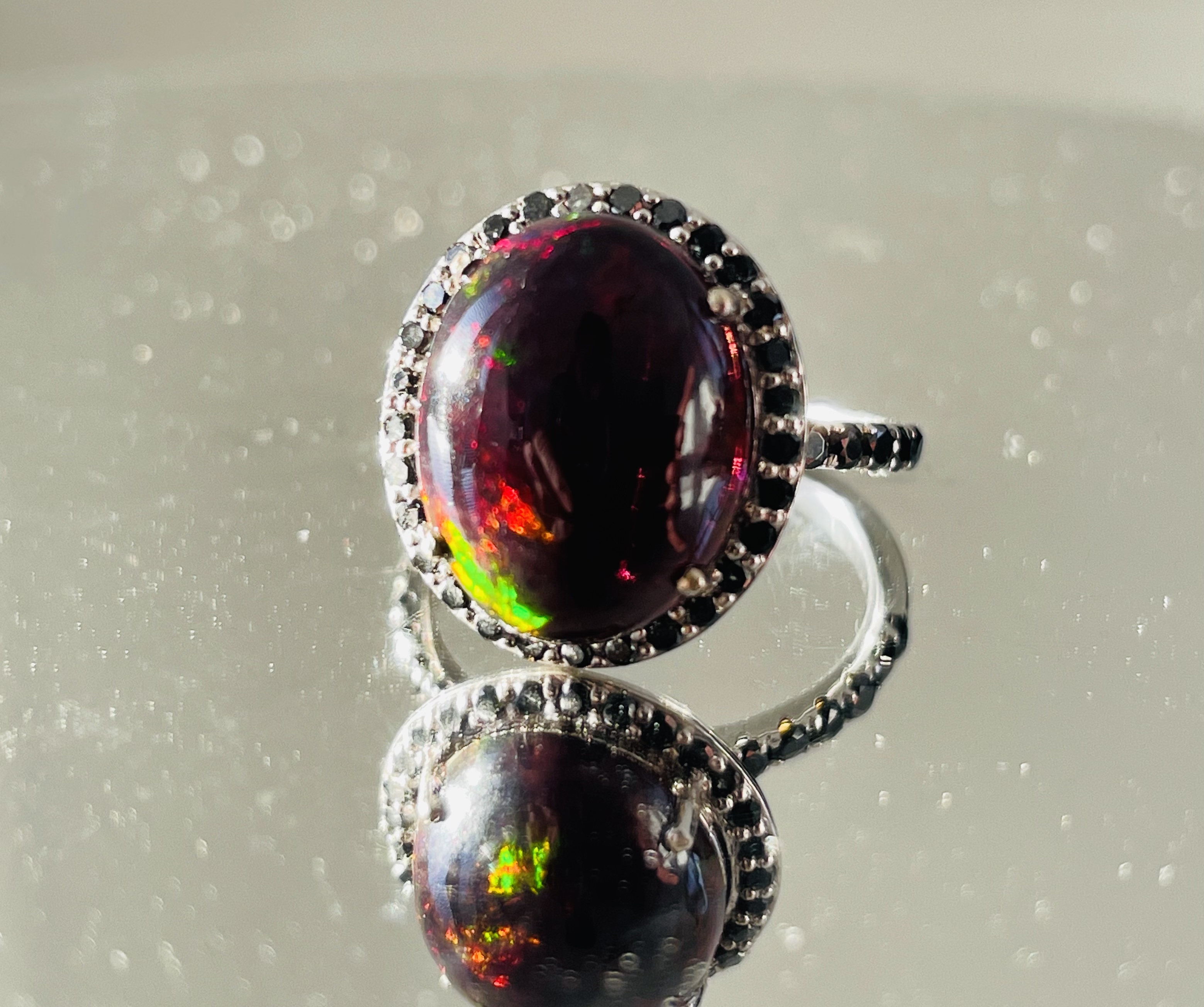 Beautiful 6.49 CT Natural Black Opal Ring With Natural Black Diamond & 18k Gold