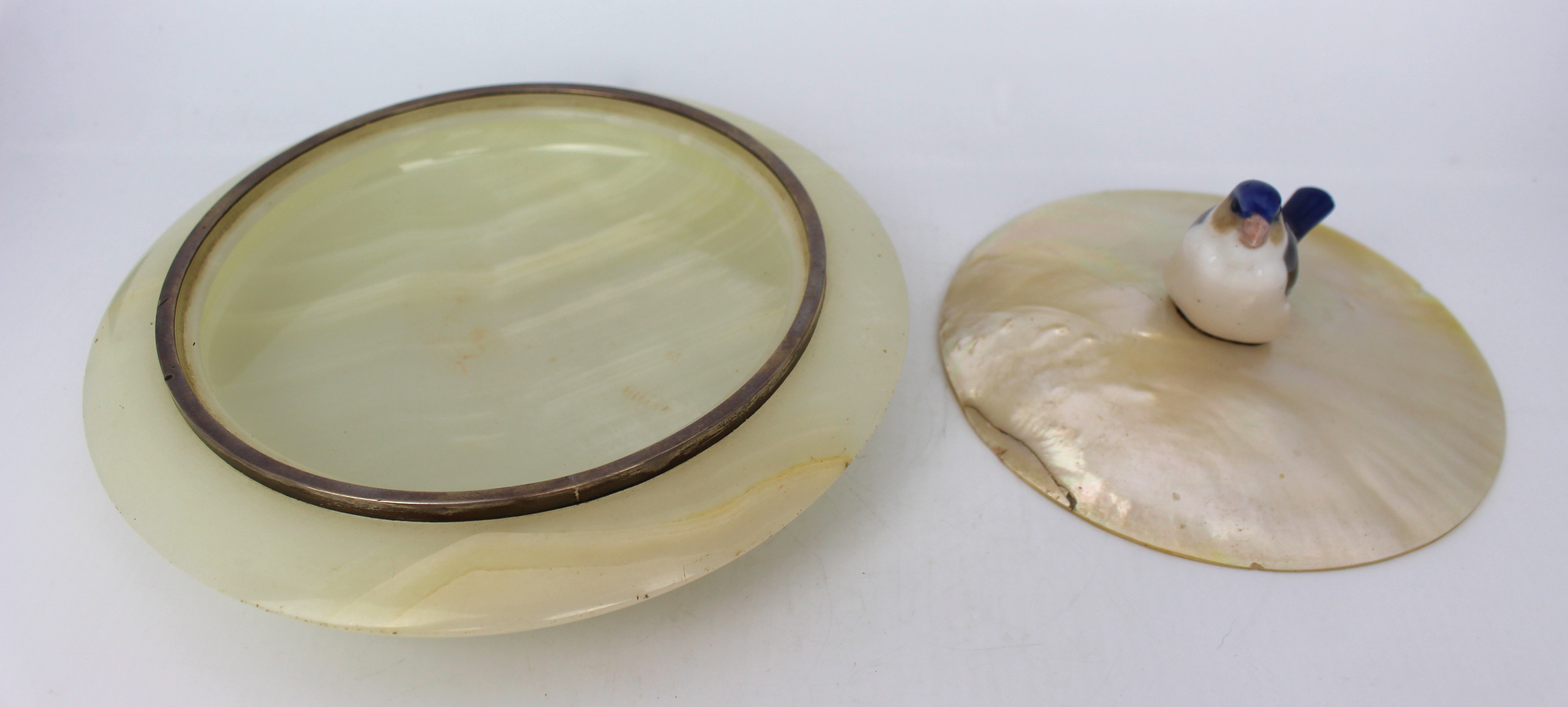 1922 Silver Mounted Alabaster Bowl with Mother of Pearl Lid & Bird Finial