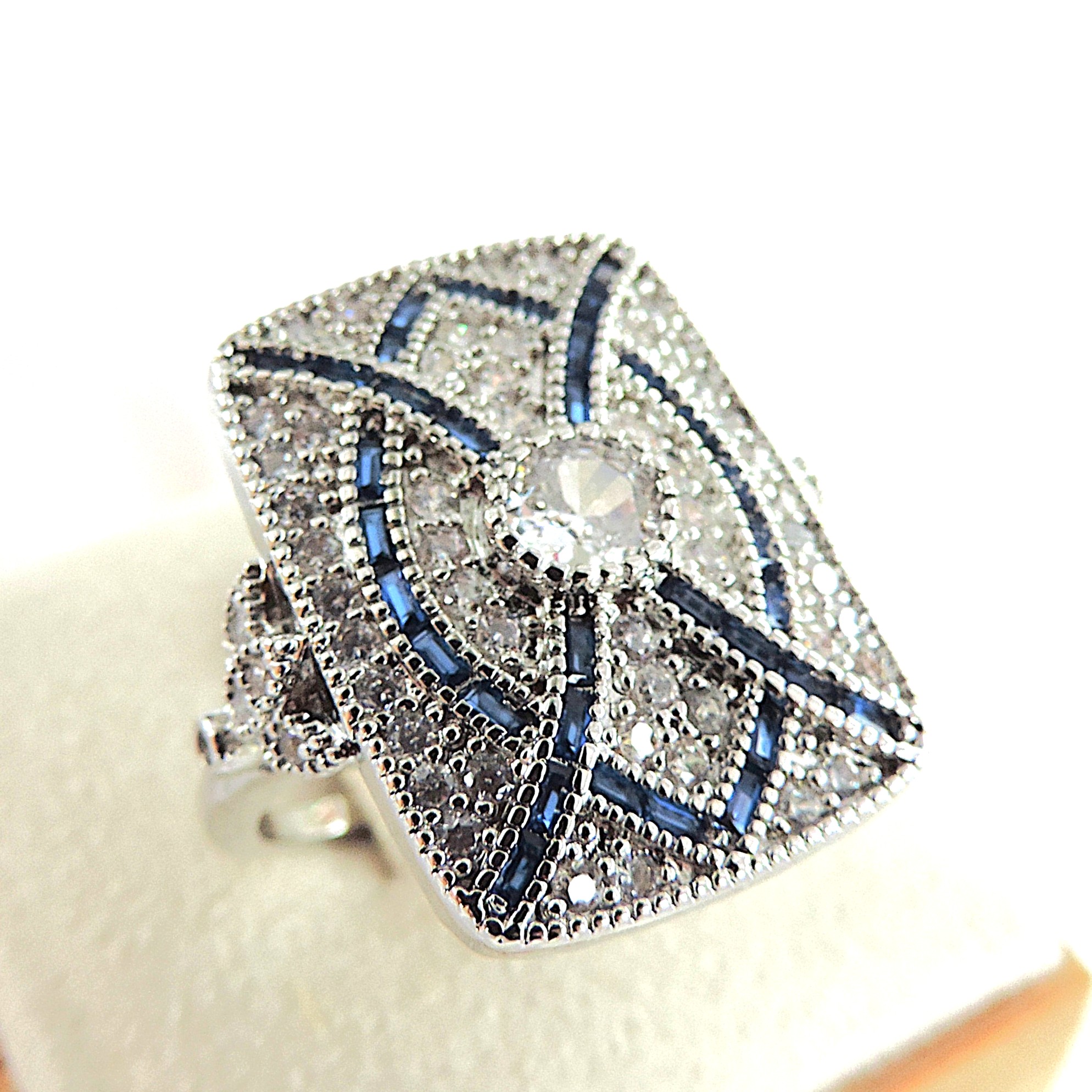 Art Deco Style Blue & White Gemstone Ring with Gift Box