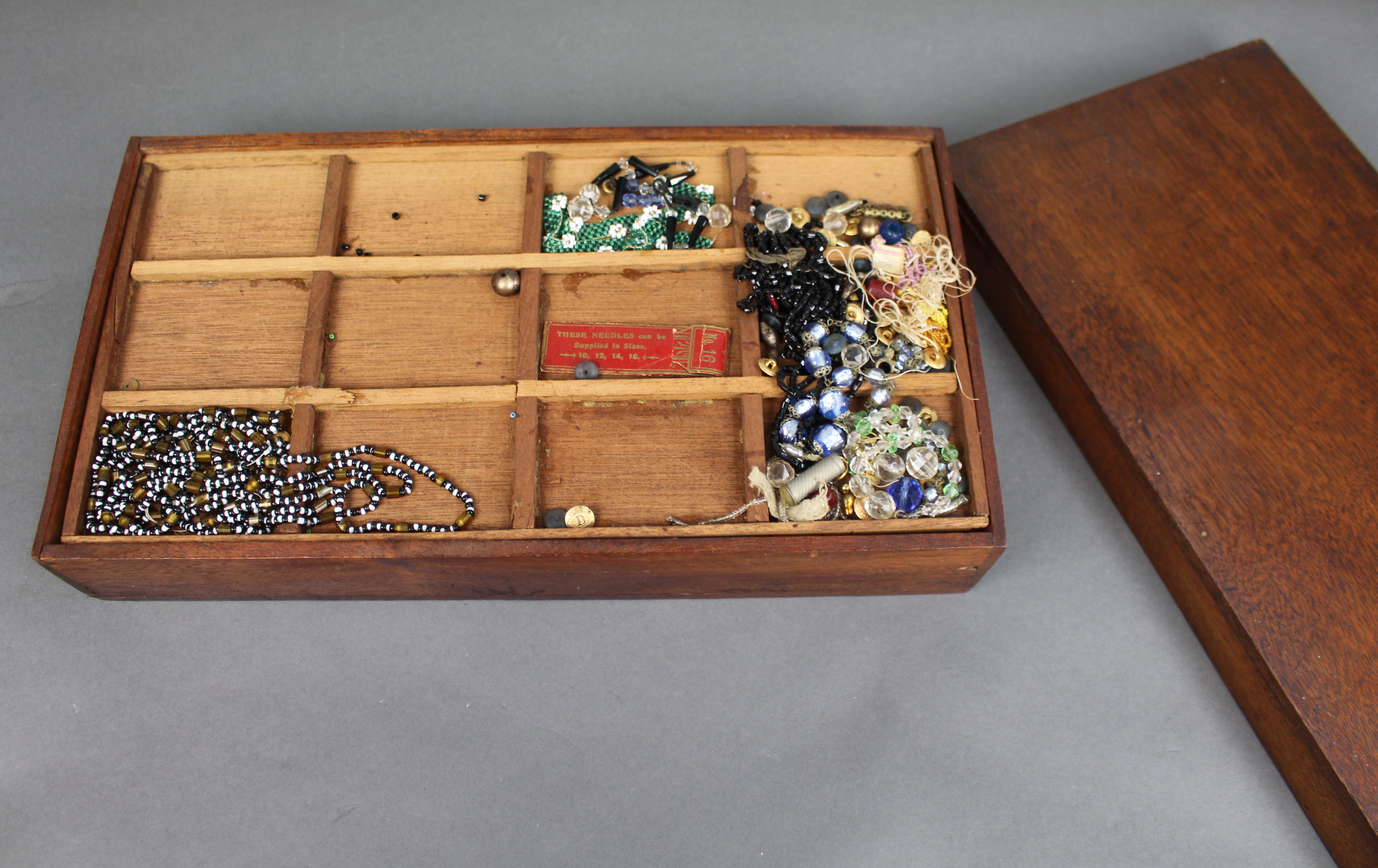 Antique Wooden Sewing Bead Work Box with Contents