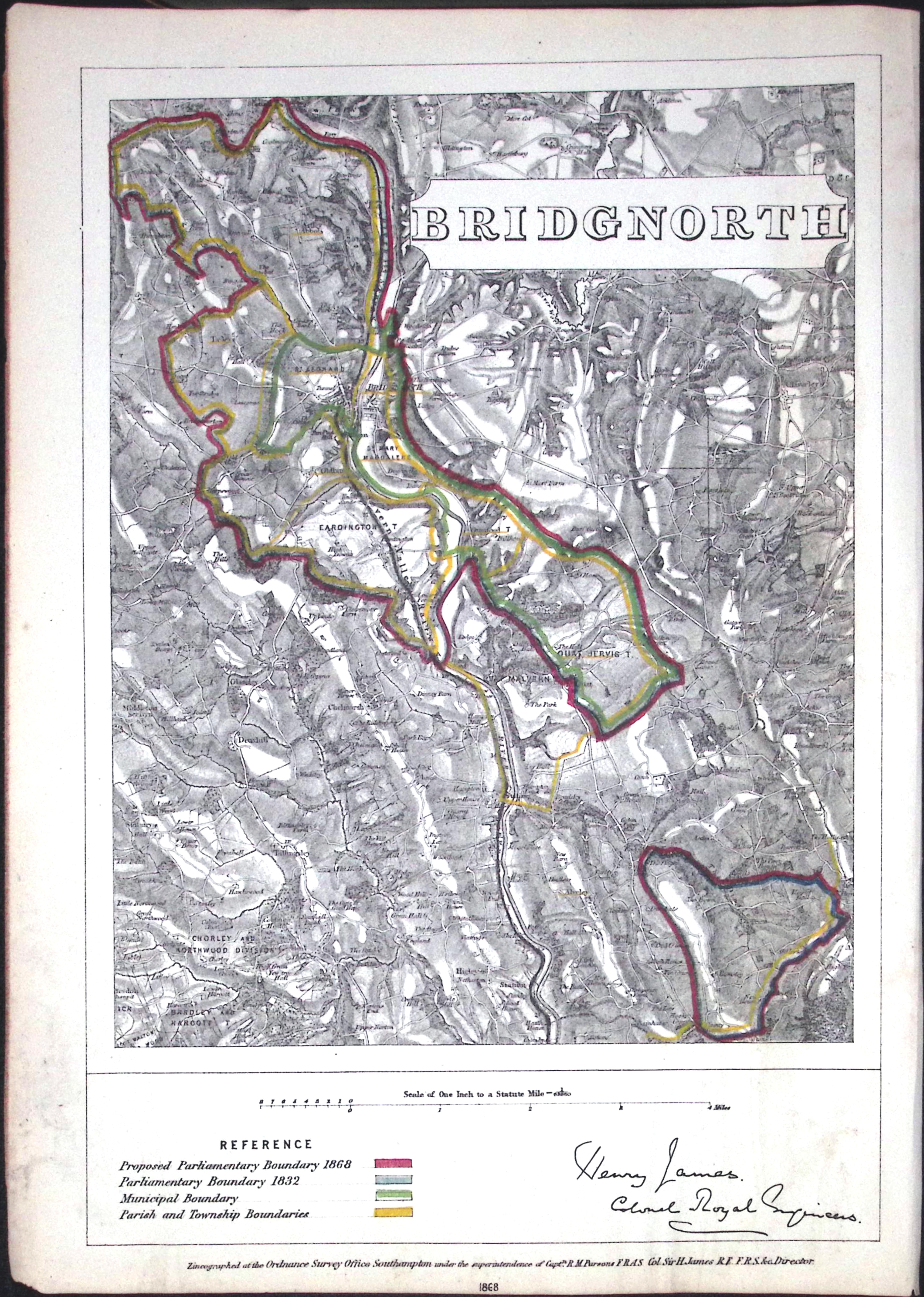 Bridgnorth Shropshire Boundary Commission 157-Year-Old Coloured Antique Map.