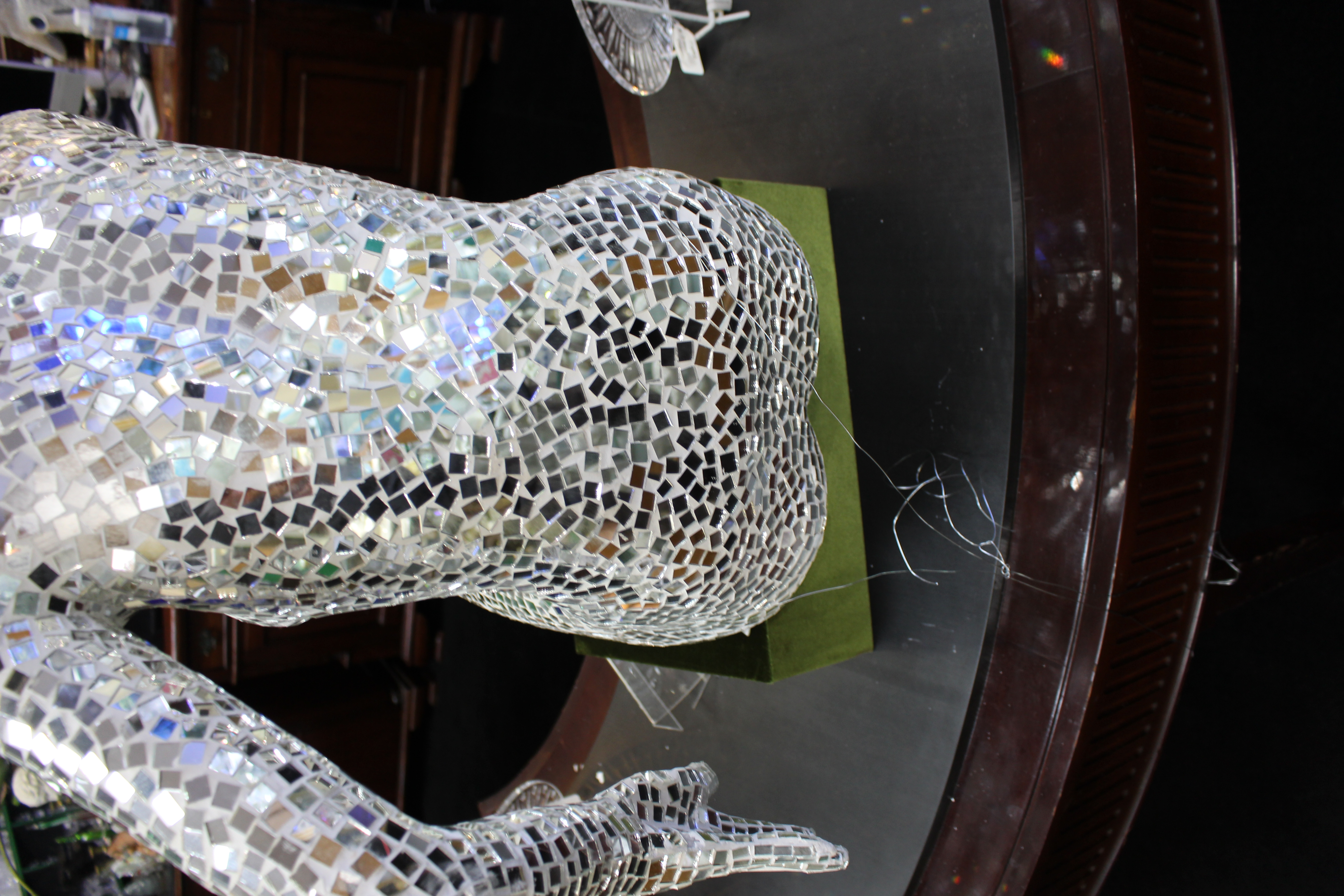 Large Mirrored Mosaic Female Figure Sculpture with Hat
