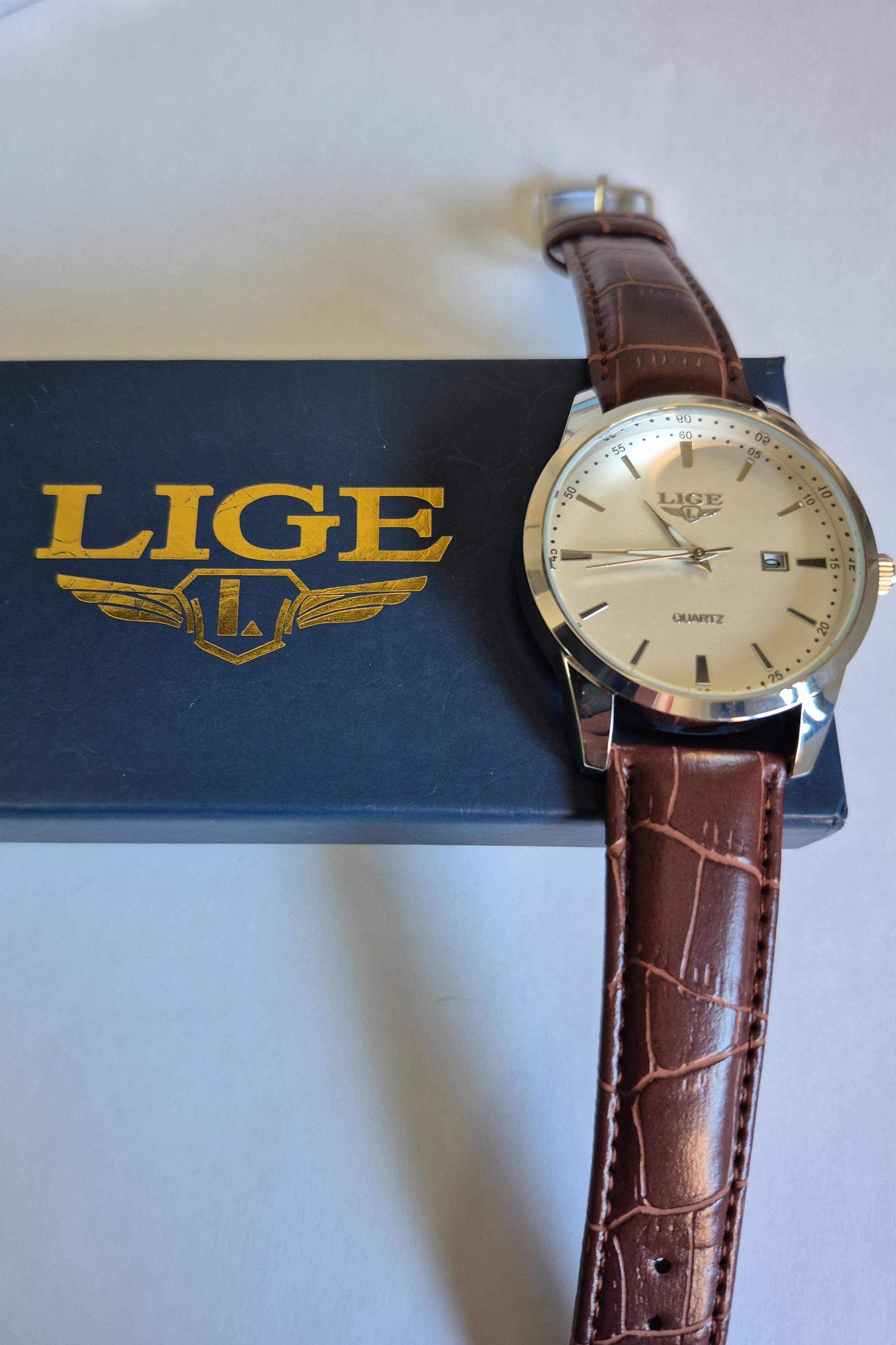 LIGE Men's Quartz Wristwatch With Date Display – Brown Leather Strap – Boxed