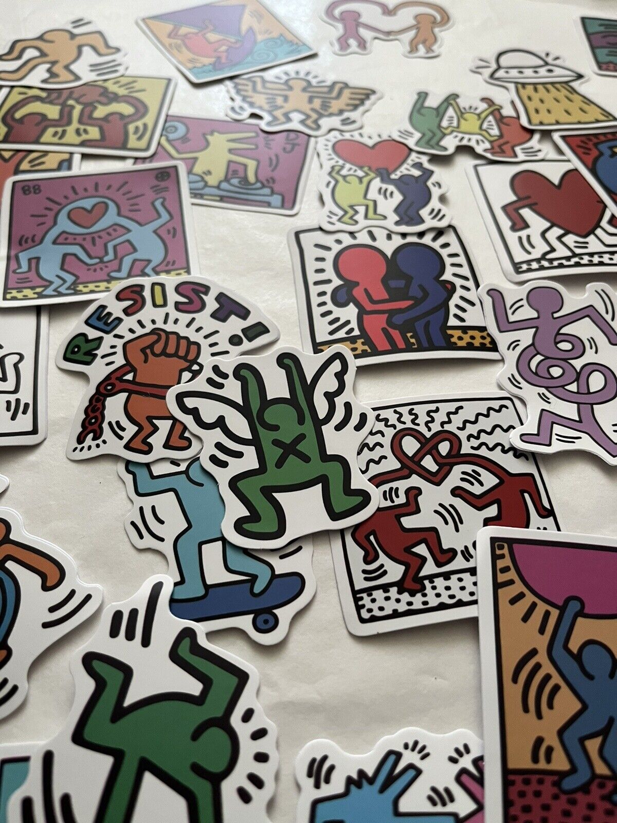 Keith Haring (1958-1990) 25 Piece Sticker Set, AV Size 5 x 5 cm Inc Family Hug, Disco Dino, 2020