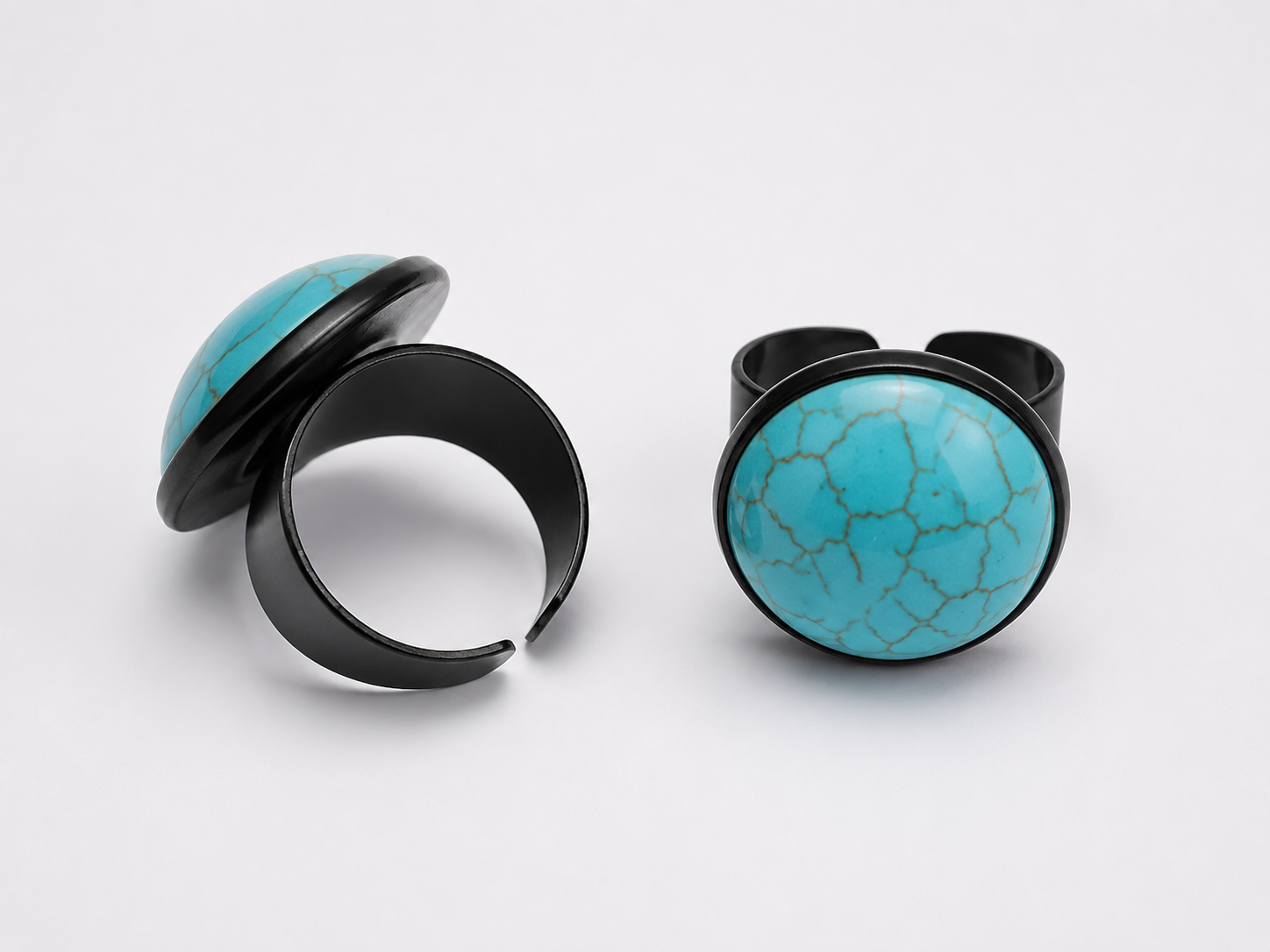 Black Stainless Steel Ring With Turquoise Cabochon – Adjustable Size