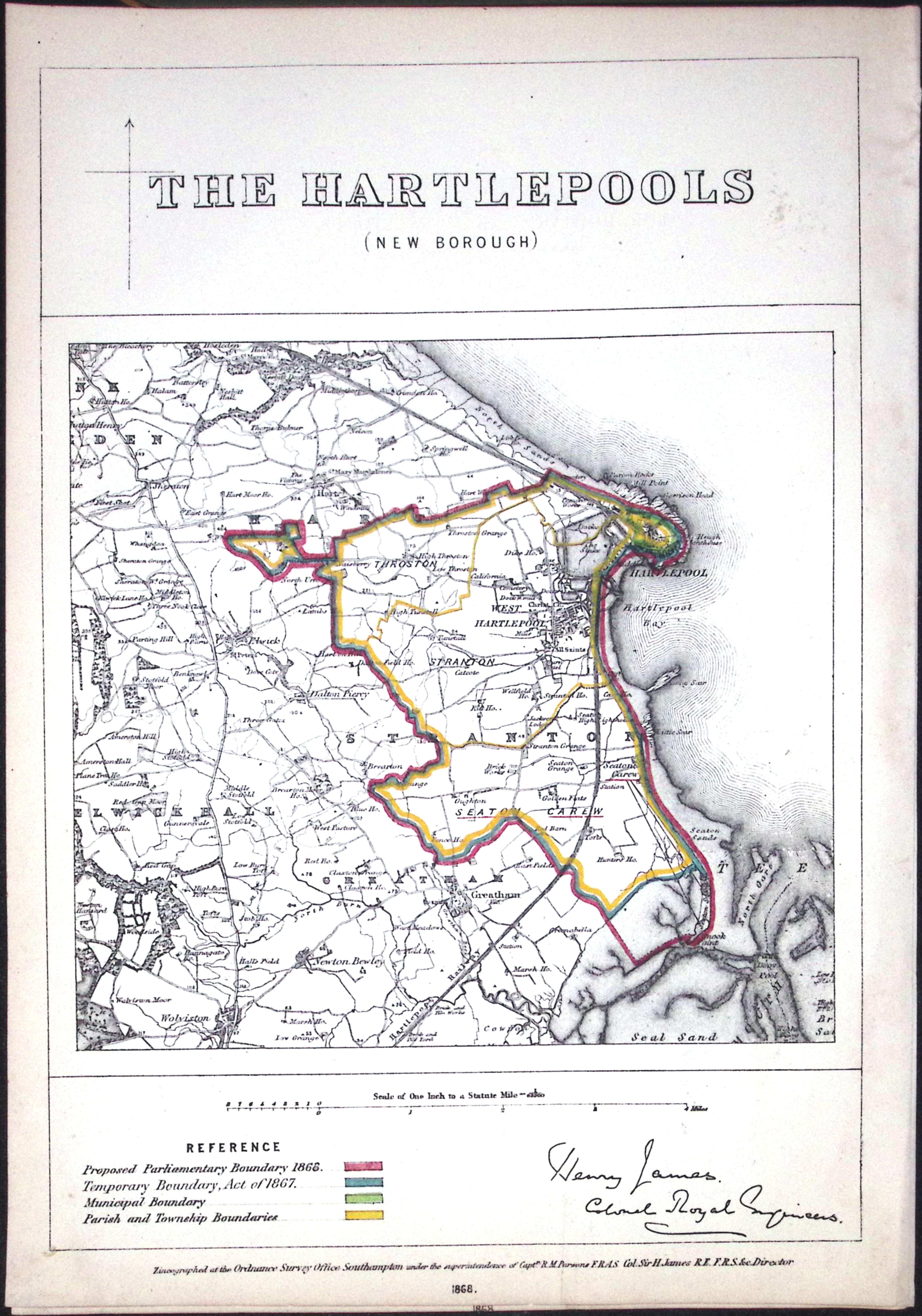 The Hartlepools Durham  Boundary Commission 157-Year-Old Coloured Antique Map.