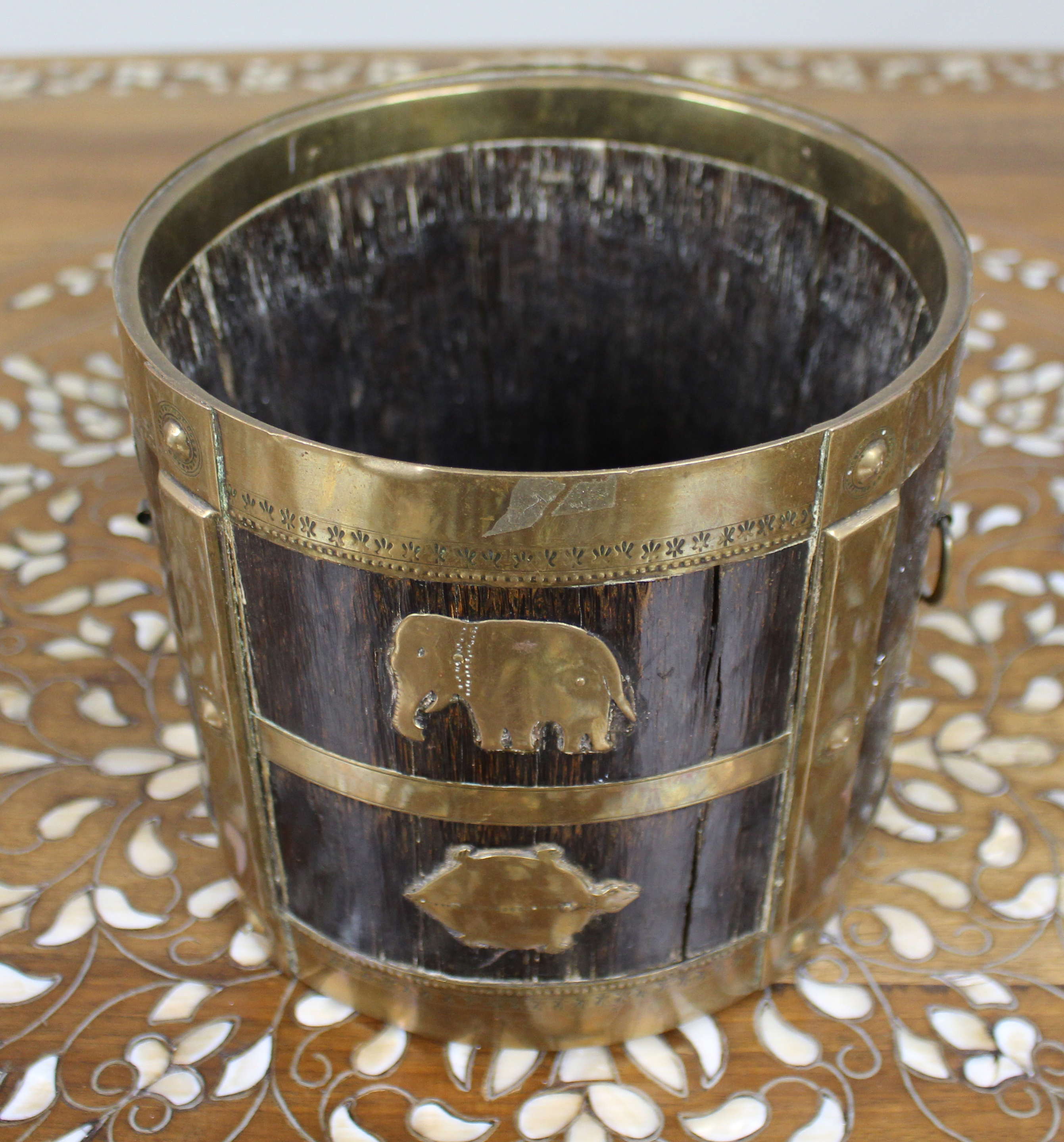 Early 20th Century Indian Brass-Mounted Wooden Bucket with Zodiac Animal Motifs