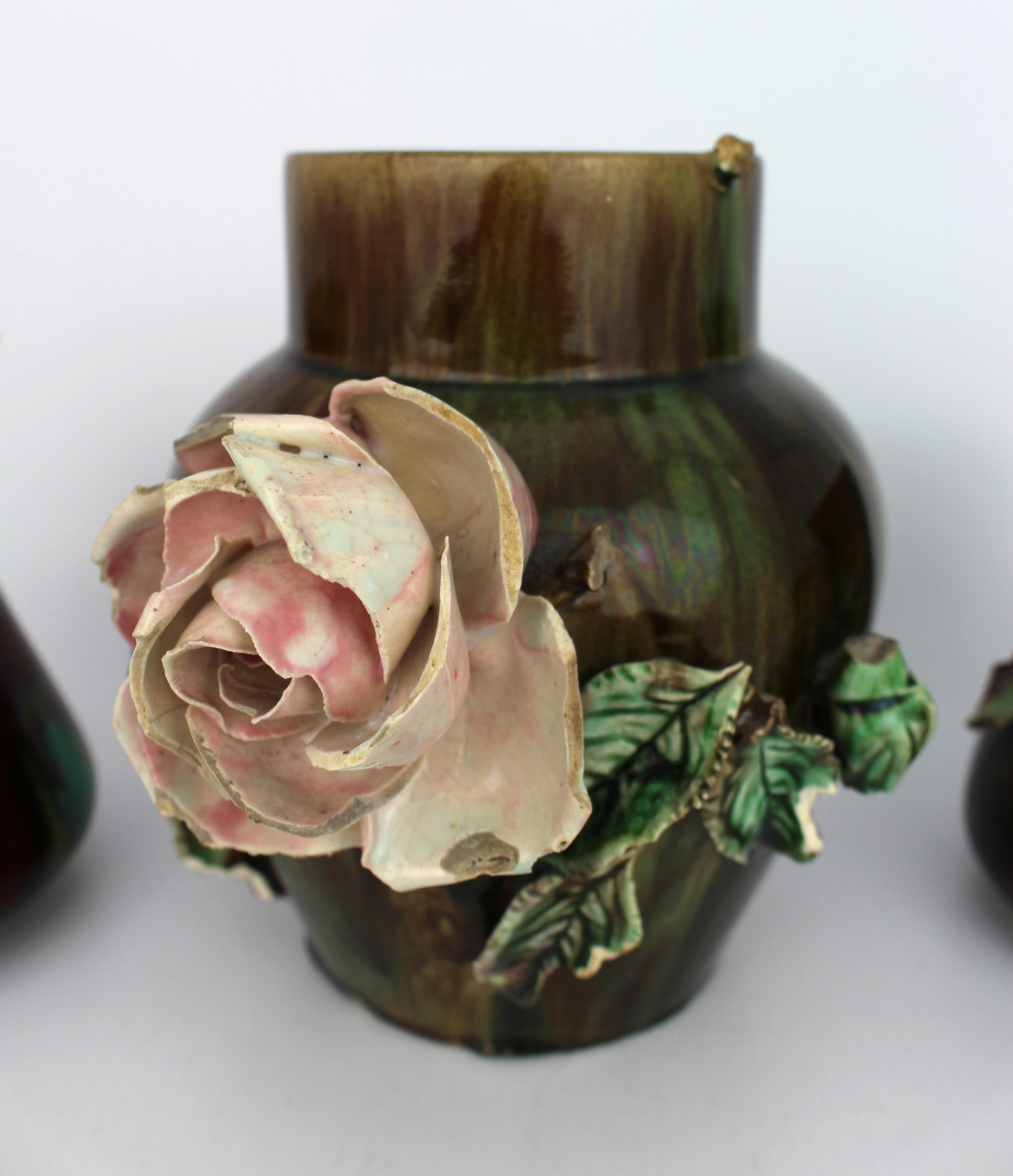 Set of 3 Decorative Victorian Floral Pottery Vases