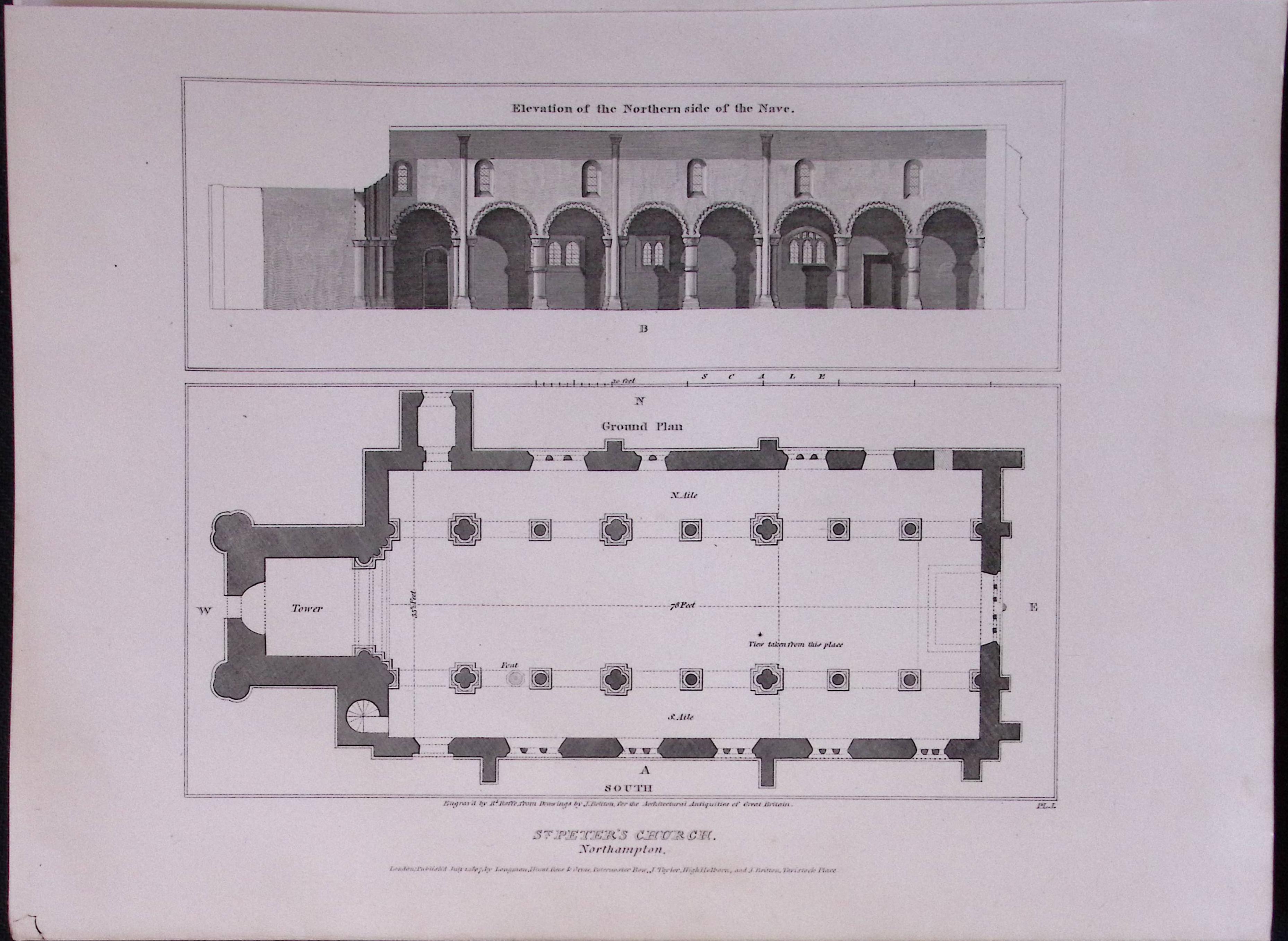 St Peters Church Northampton 190 Years-Old John Britton Antique Steel Engraving-195
